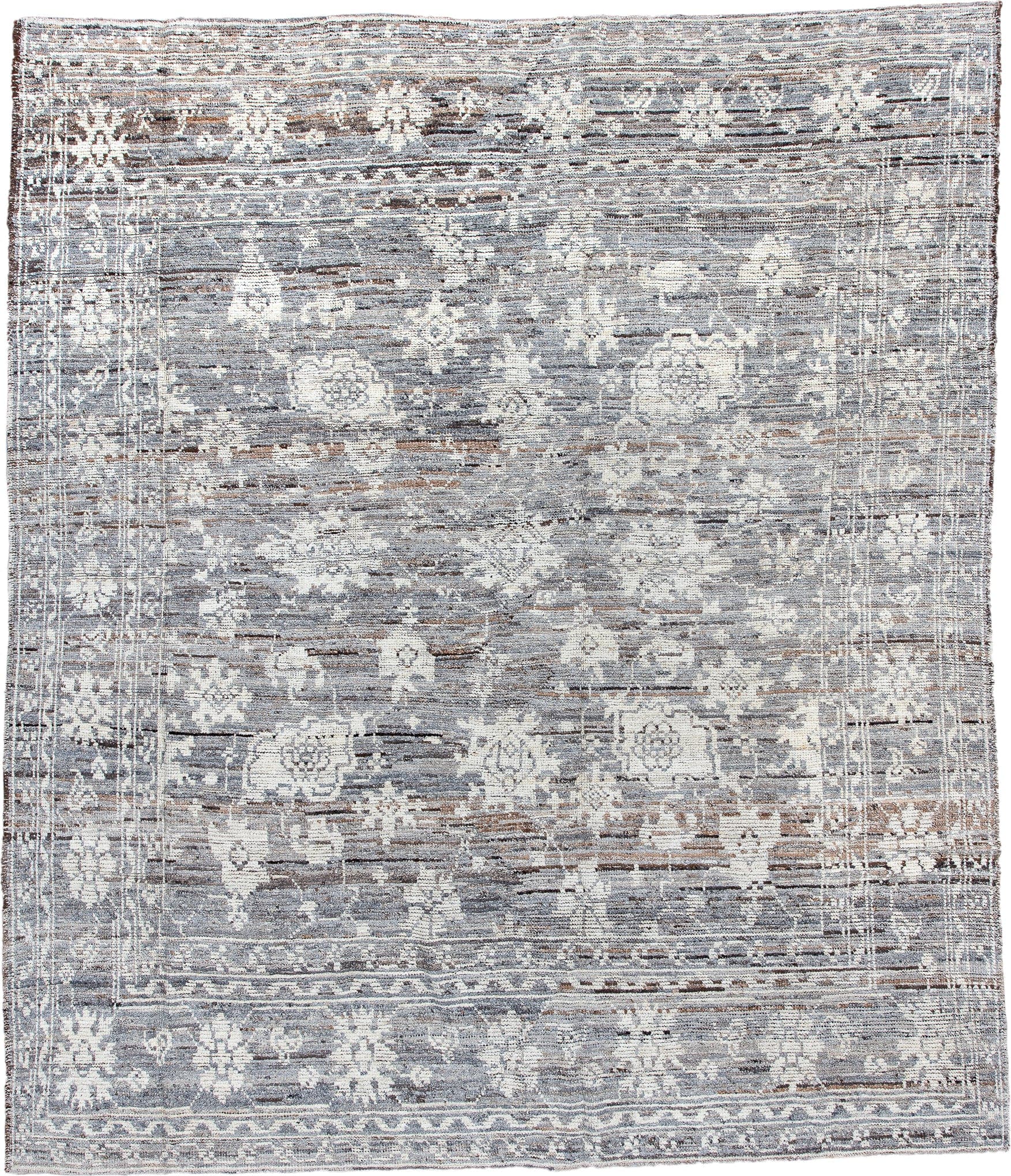 8' x 9' one-of-a-kind handmade vintage Tulu large size rug. Color palette: gray, ivory, taupe, brown, charcoal, beige, black