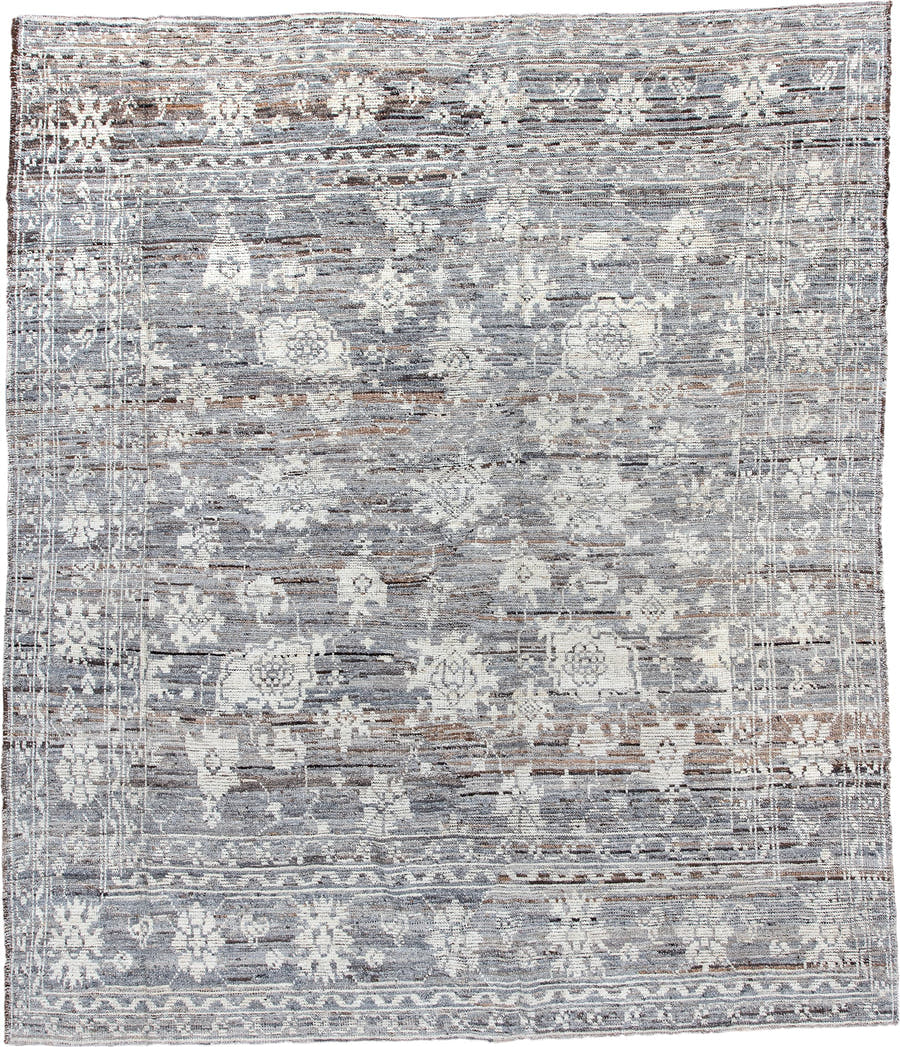 8' x 9' one-of-a-kind handmade vintage Tulu large size rug. Color palette: gray, ivory, taupe, brown, charcoal, beige, black