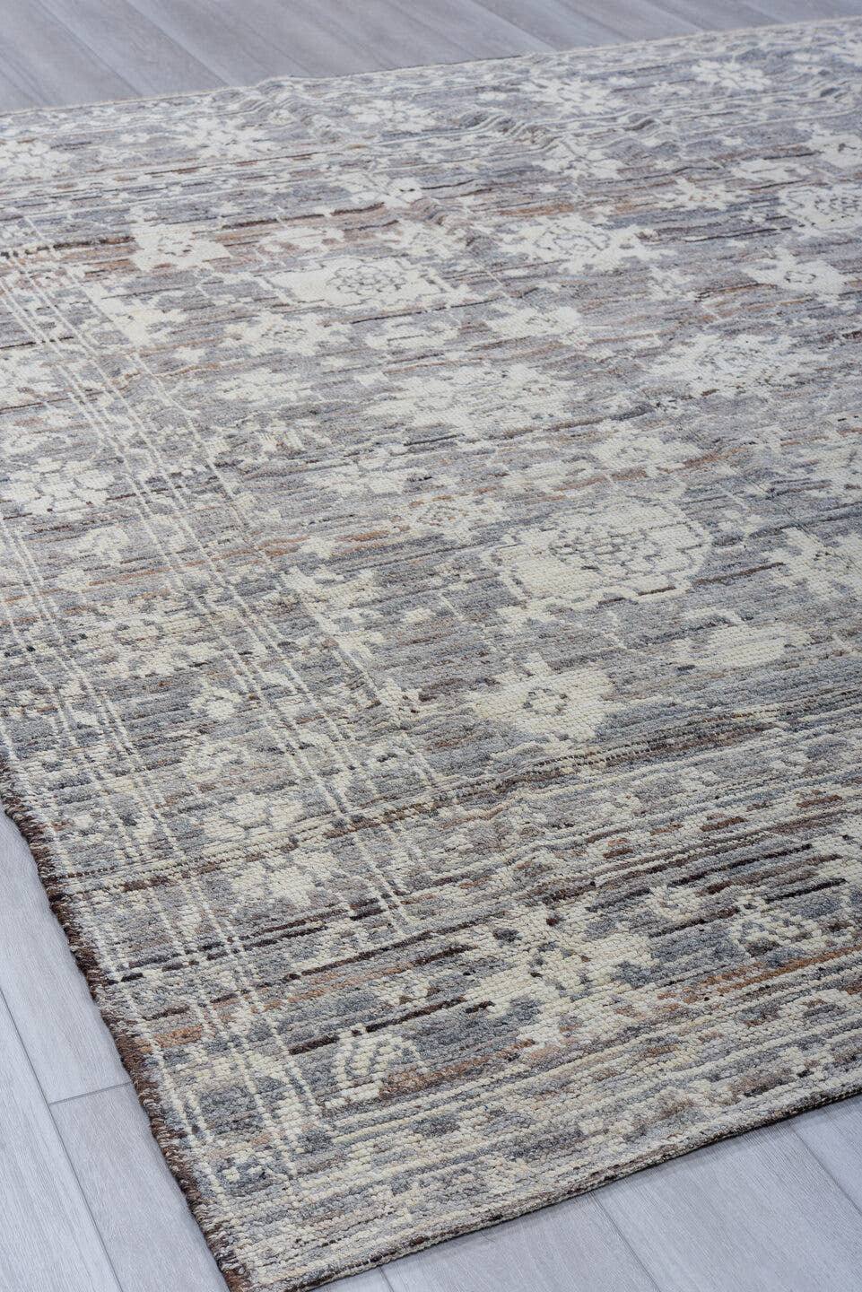8' x 9' one-of-a-kind handmade vintage Tulu large size rug. Color palette: gray, ivory, taupe, brown, charcoal, beige, black