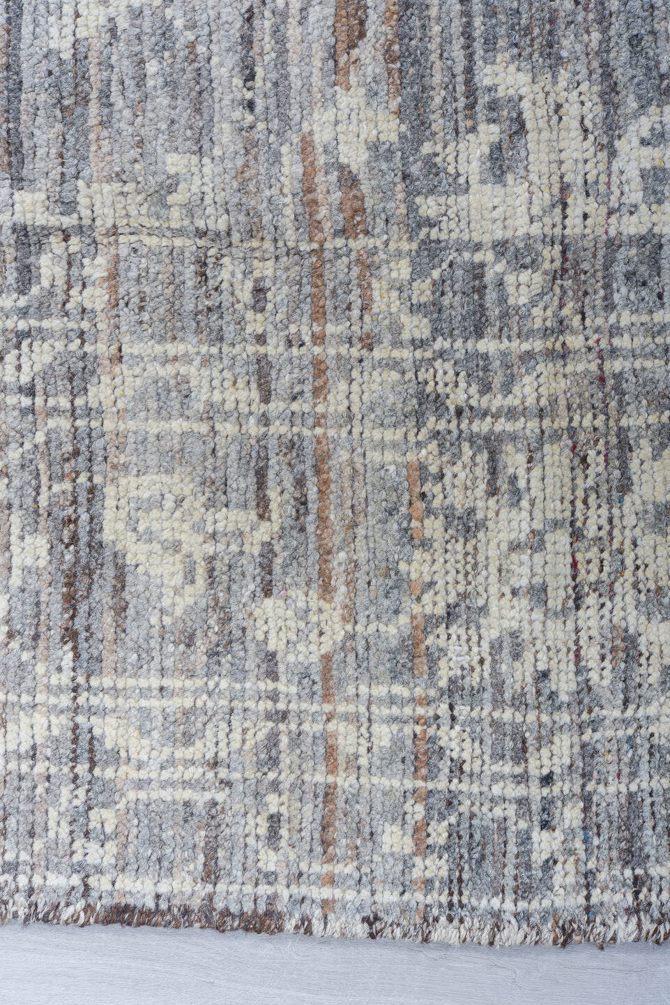 8' x 9' one-of-a-kind handmade vintage Tulu large size rug. Color palette: gray, ivory, taupe, brown, charcoal, beige, black