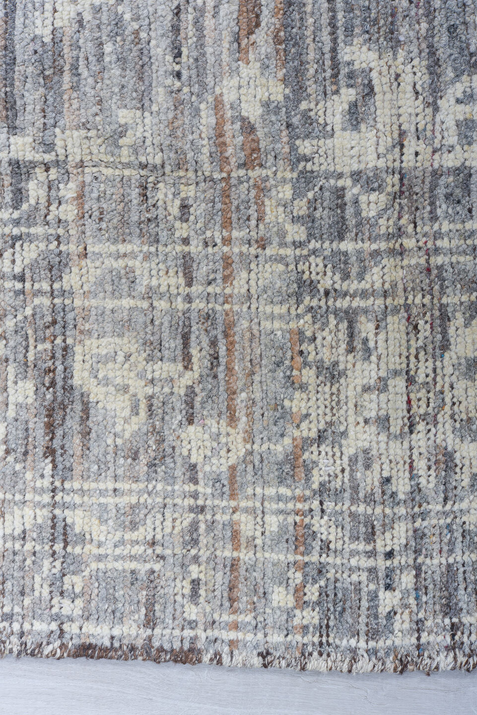8' x 9' one-of-a-kind handmade vintage Tulu large size rug. Color palette: gray, ivory, taupe, brown, charcoal, beige, black