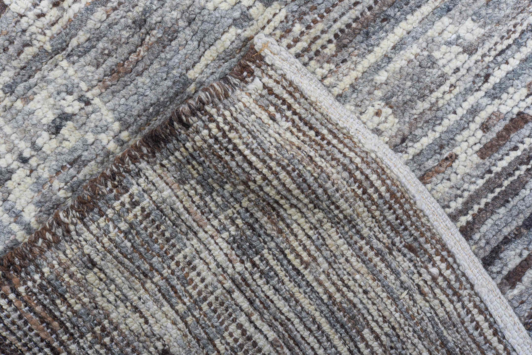 8' x 9' one-of-a-kind handmade vintage Tulu large size rug. Color palette: gray, ivory, taupe, brown, charcoal, beige, black