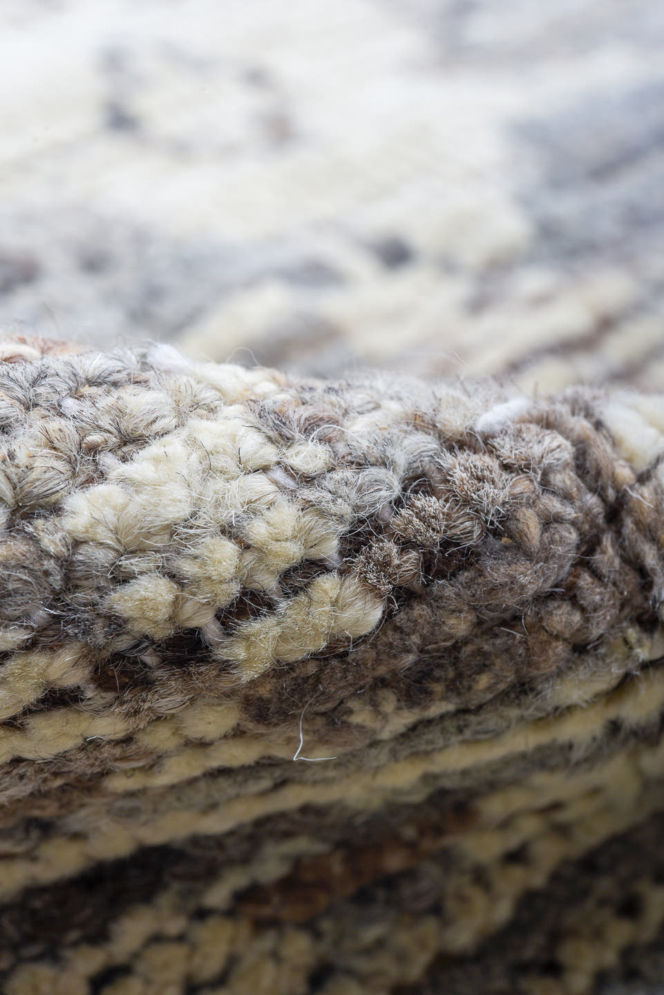 8' x 9' one-of-a-kind handmade vintage Tulu large size rug. Color palette: gray, ivory, taupe, brown, charcoal, beige, black
