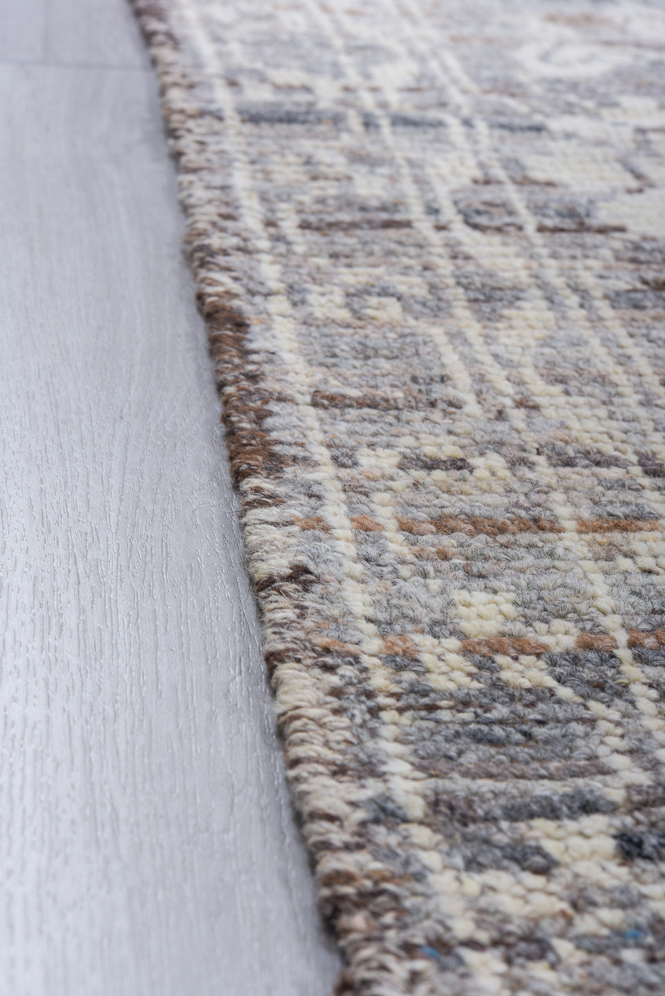 8' x 9' one-of-a-kind handmade vintage Tulu large size rug. Color palette: gray, ivory, taupe, brown, charcoal, beige, black