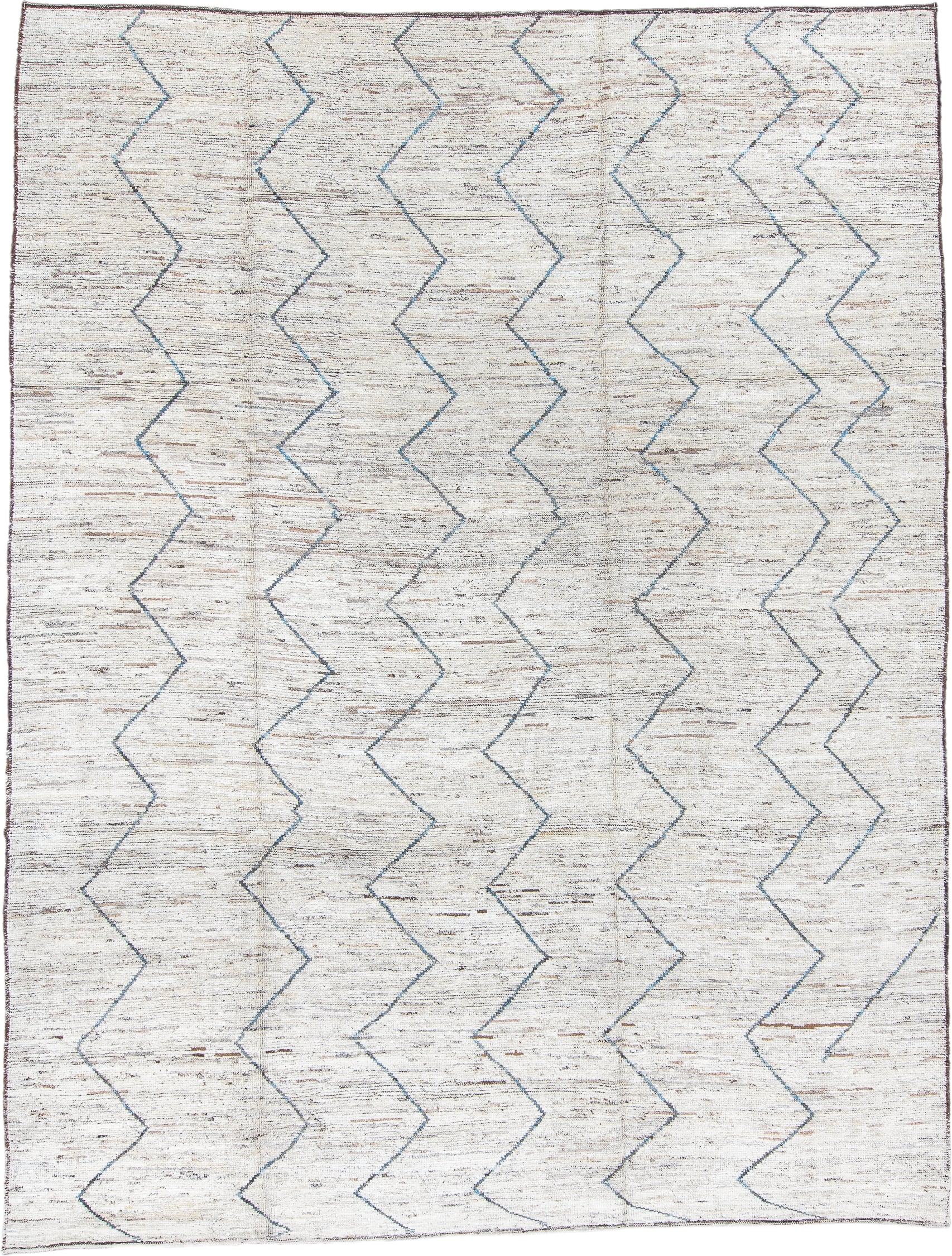 9' x 12' one-of-a-kind handmade vintage Tulu large size rug. Color palette: ivory, blue, taupe, brown, charcoal, beige, gray
