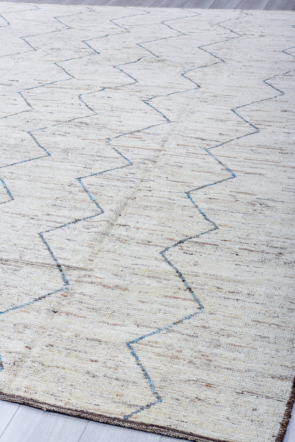 9' x 12' one-of-a-kind handmade vintage Tulu large size rug. Color palette: ivory, blue, taupe, brown, charcoal, beige, gray