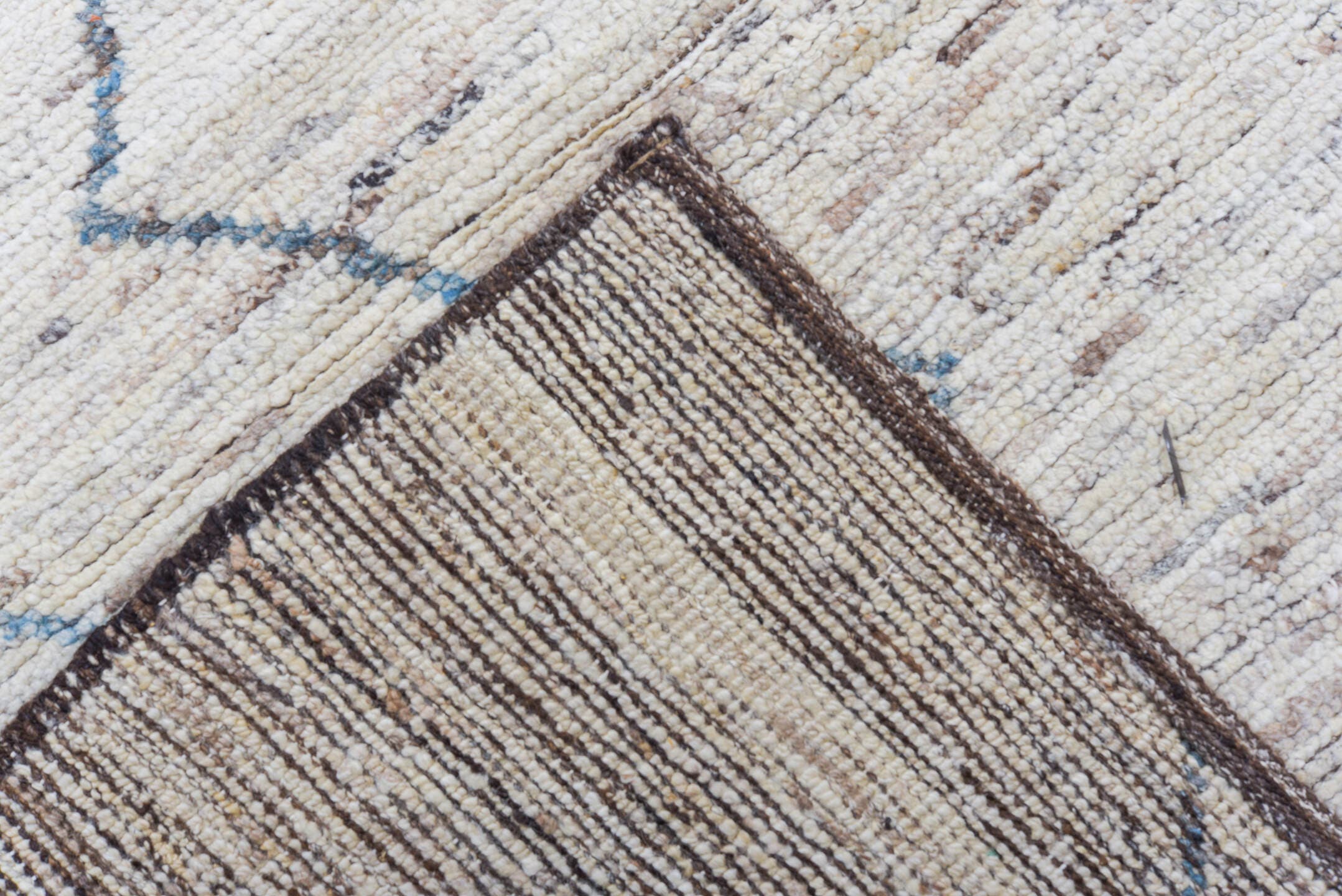 9' x 12' one-of-a-kind handmade vintage Tulu large size rug. Color palette: ivory, blue, taupe, brown, charcoal, beige, gray