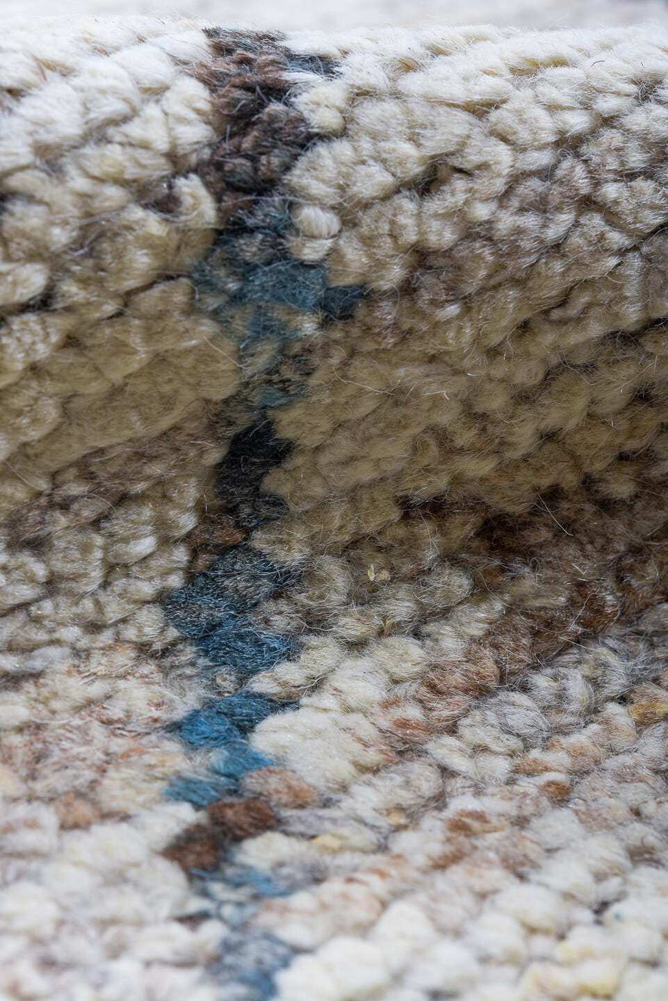 9' x 12' one-of-a-kind handmade vintage Tulu large size rug. Color palette: ivory, blue, taupe, brown, charcoal, beige, gray