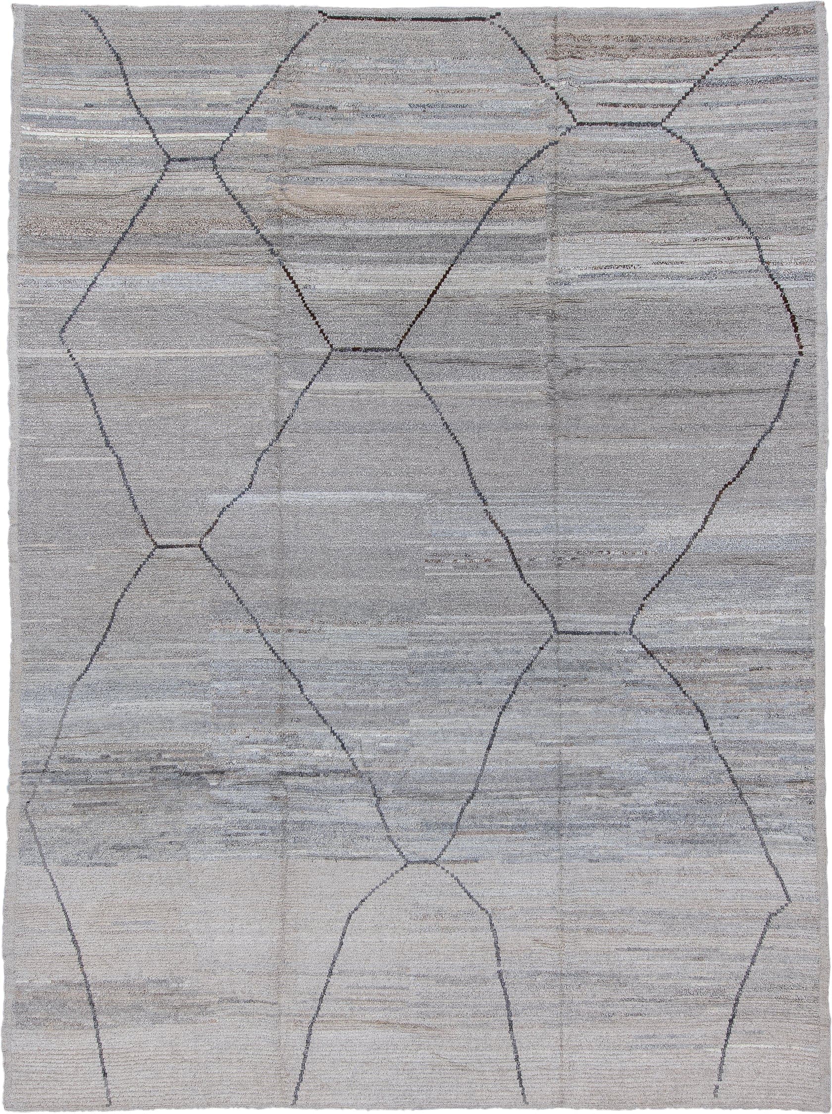 10' x 13' one-of-a-kind handmade vintage Tulu large size rug. Color palette: ivory, taupe, light gray, charcoal, greige