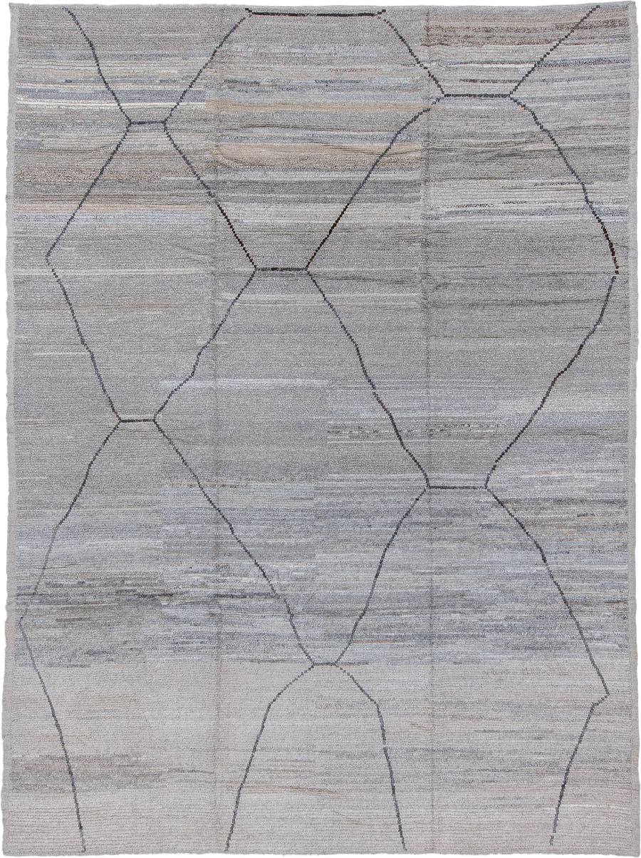 10' x 13' one-of-a-kind handmade vintage Tulu large size rug. Color palette: ivory, taupe, light gray, charcoal, greige