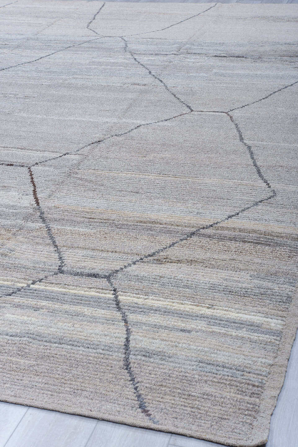 10' x 13' one-of-a-kind handmade vintage Tulu large size rug. Color palette: ivory, taupe, light gray, charcoal, greige