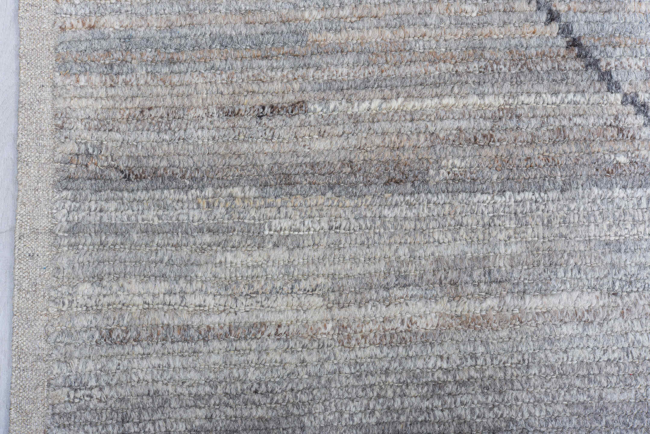 10' x 13' one-of-a-kind handmade vintage Tulu large size rug. Color palette: ivory, taupe, light gray, charcoal, greige