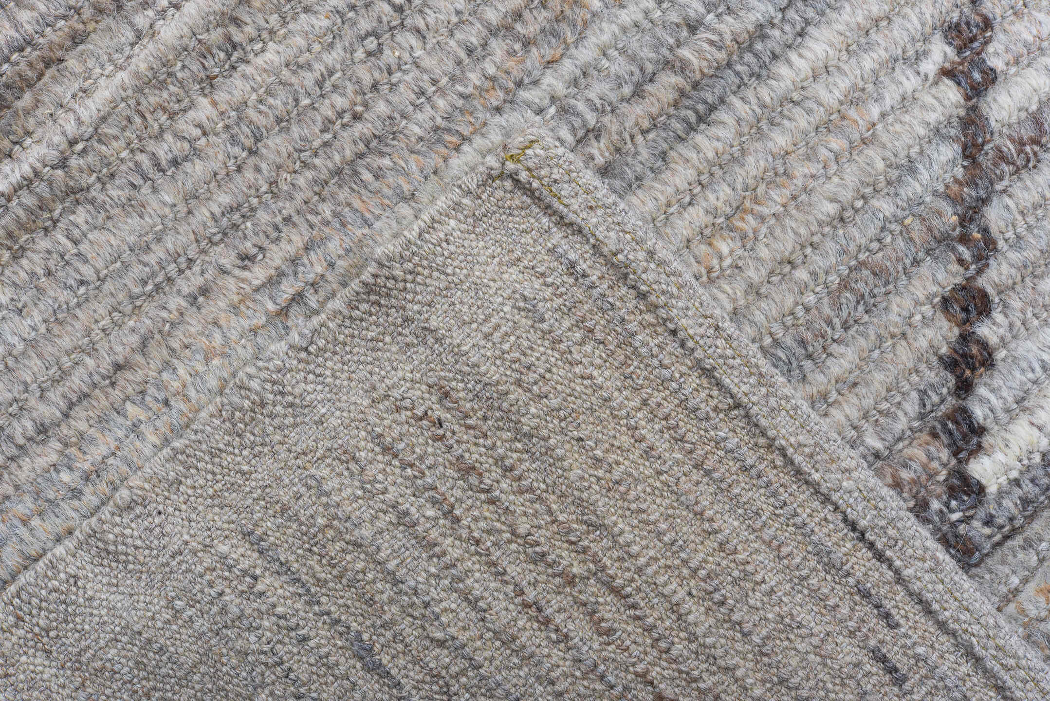 10' x 13' one-of-a-kind handmade vintage Tulu large size rug. Color palette: ivory, taupe, light gray, charcoal, greige