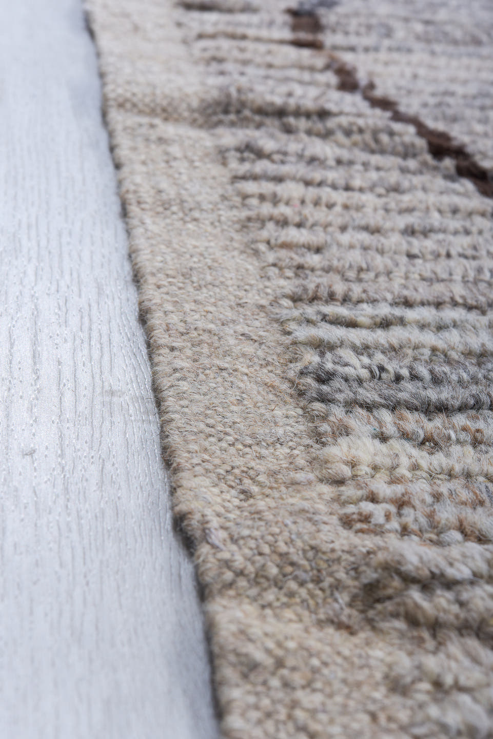 10' x 13' one-of-a-kind handmade vintage Tulu large size rug. Color palette: ivory, taupe, light gray, charcoal, greige