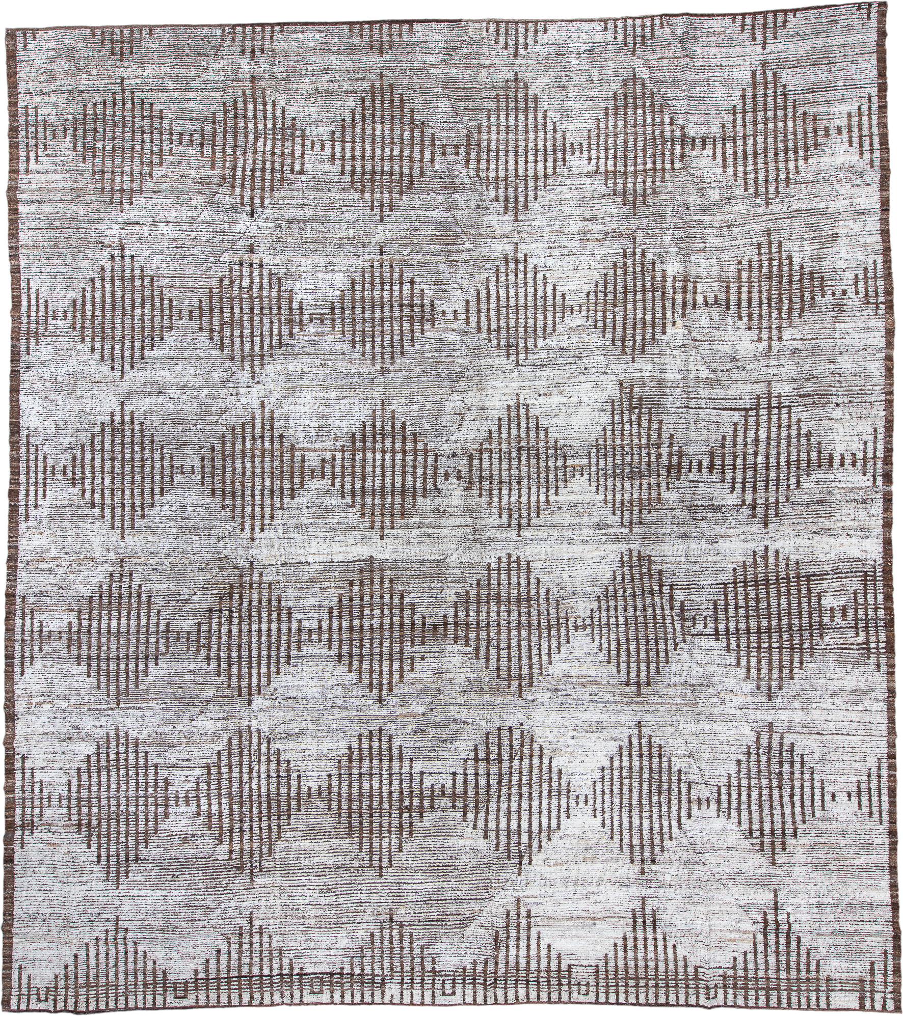 14' x 16' one-of-a-kind handmade vintage Tulu oversize rug. Color palette: ivory, brown, taupe, beige, gray
