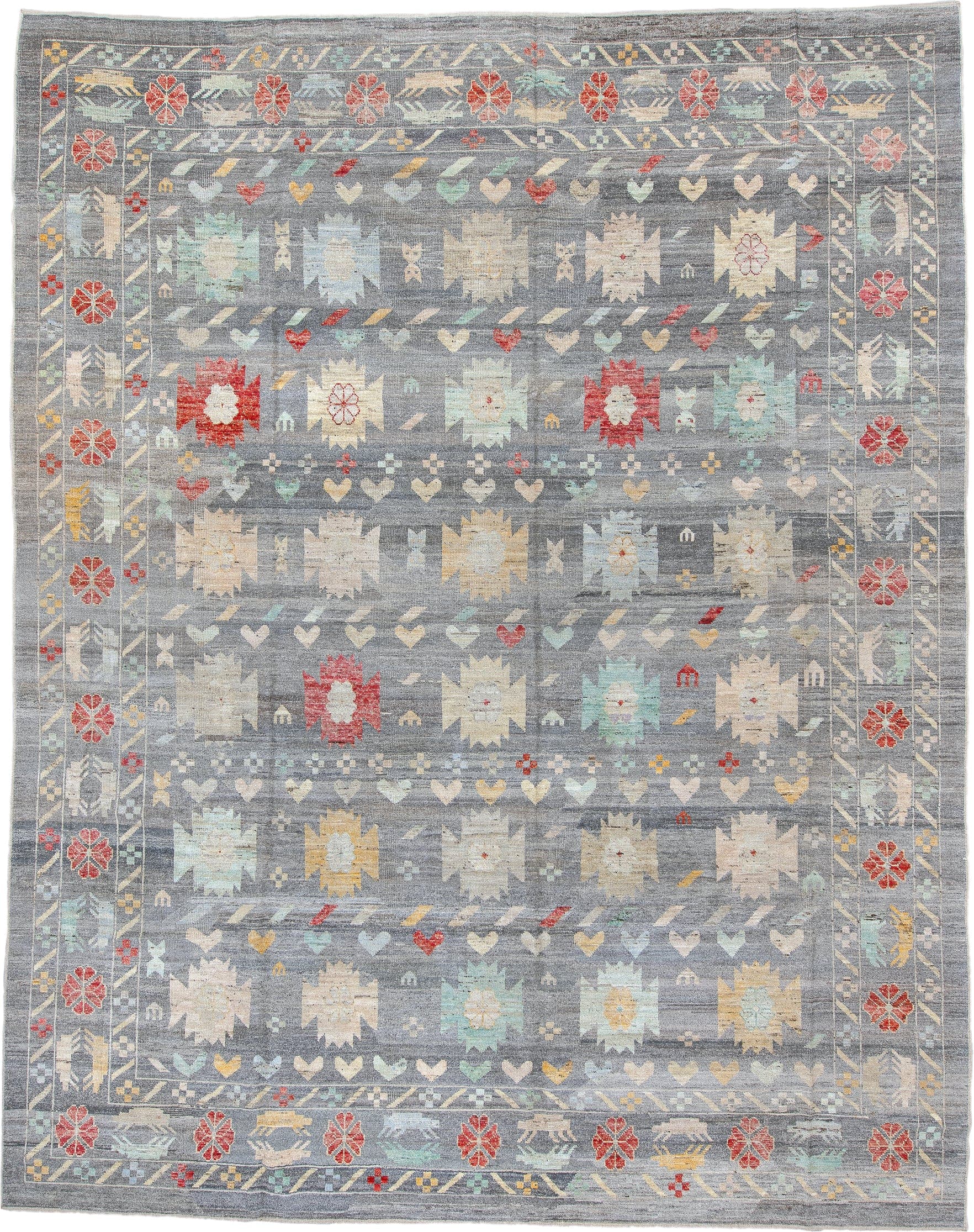 12' x 15' one-of-a-kind handmade vintage Tulu oversize rug. Color palette: blue gray, ivory, aqua, coral, saffron, taupe