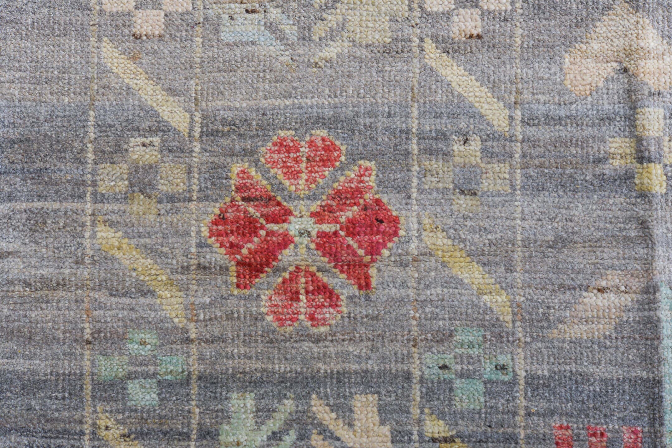 12' x 15' one-of-a-kind handmade vintage Tulu oversize rug. Color palette: blue gray, ivory, aqua, coral, saffron, taupe