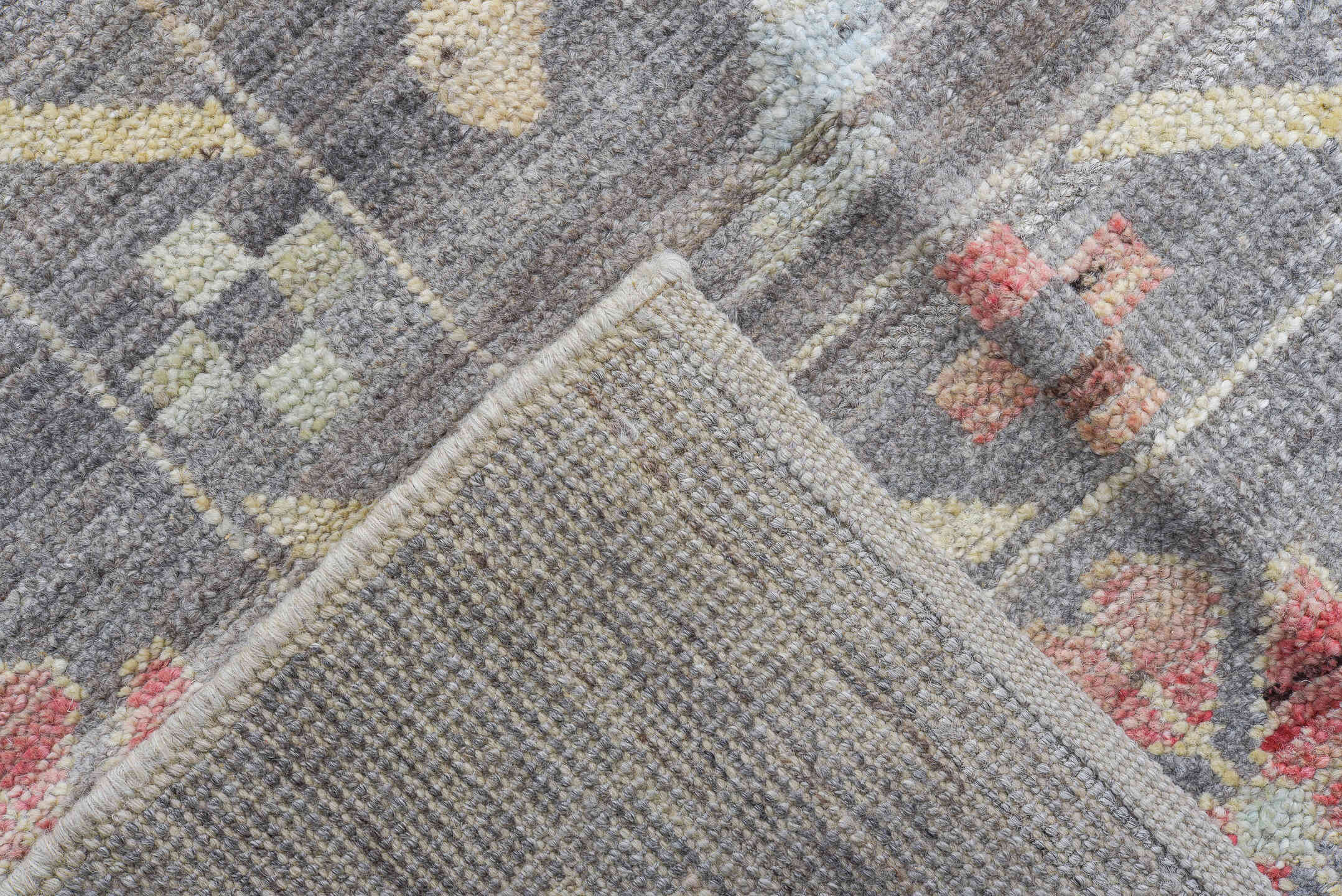 12' x 15' one-of-a-kind handmade vintage Tulu oversize rug. Color palette: blue gray, ivory, aqua, coral, saffron, taupe