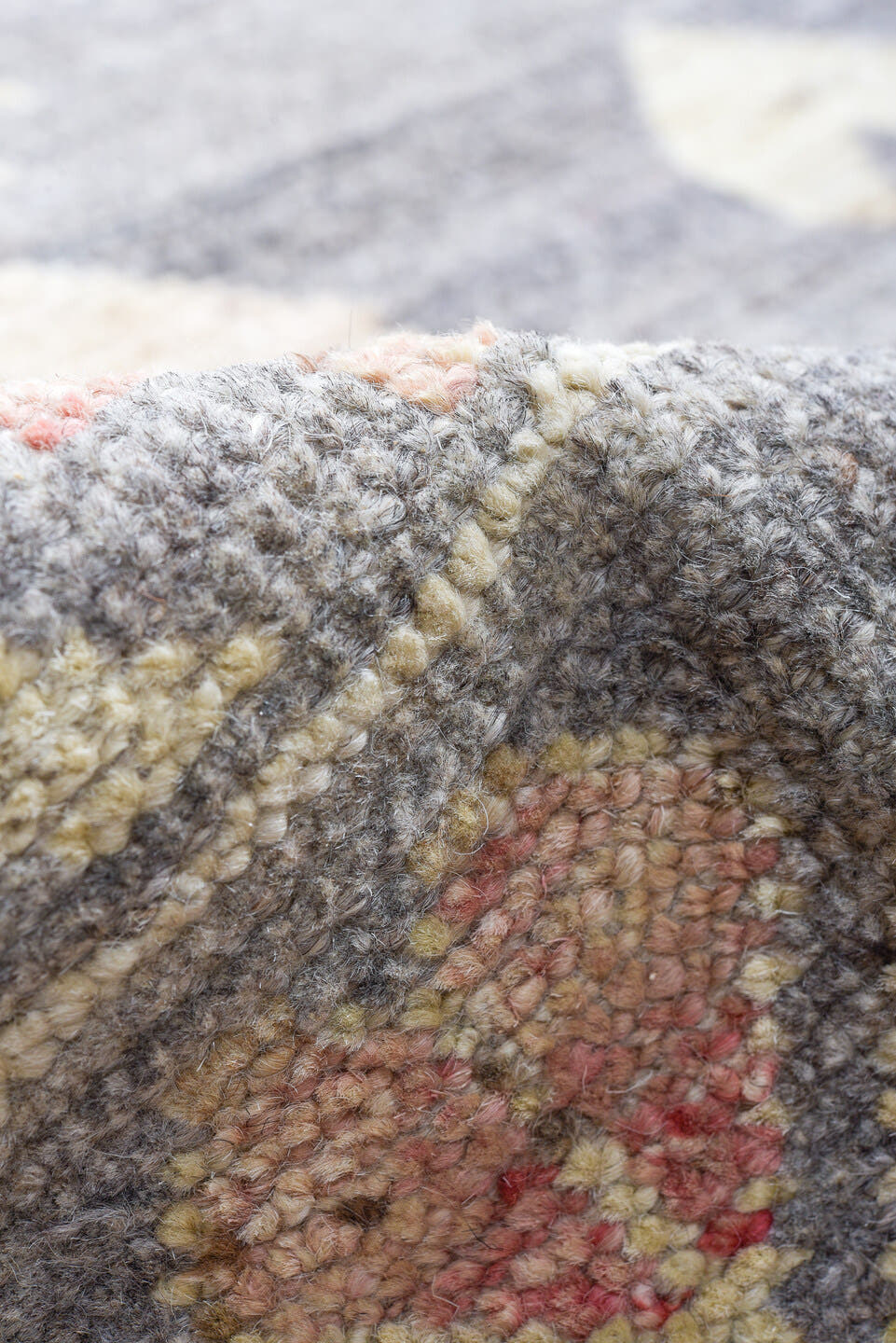 12' x 15' one-of-a-kind handmade vintage Tulu oversize rug. Color palette: blue gray, ivory, aqua, coral, saffron, taupe
