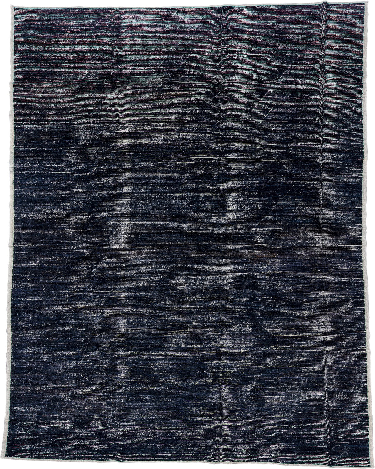 11' x 14' one-of-a-kind handmade vintage Tulu oversize rug. Color palette: charcoal, indigo, ivory, slate, blue gray, black