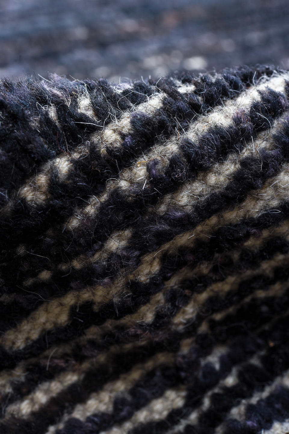 11' x 14' one-of-a-kind handmade vintage Tulu oversize rug. Color palette: charcoal, indigo, ivory, slate, blue gray, black