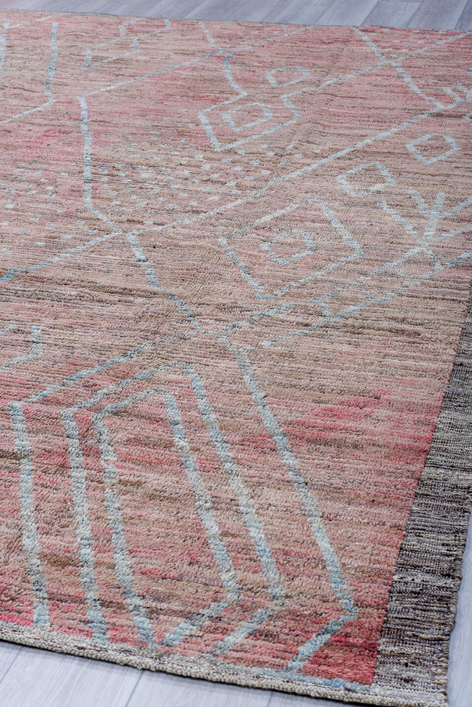 9' x 11' one-of-a-kind handmade vintage Tulu large size rug. Color palette: taupe, rose, dusty pink, pale blue, gray, beige