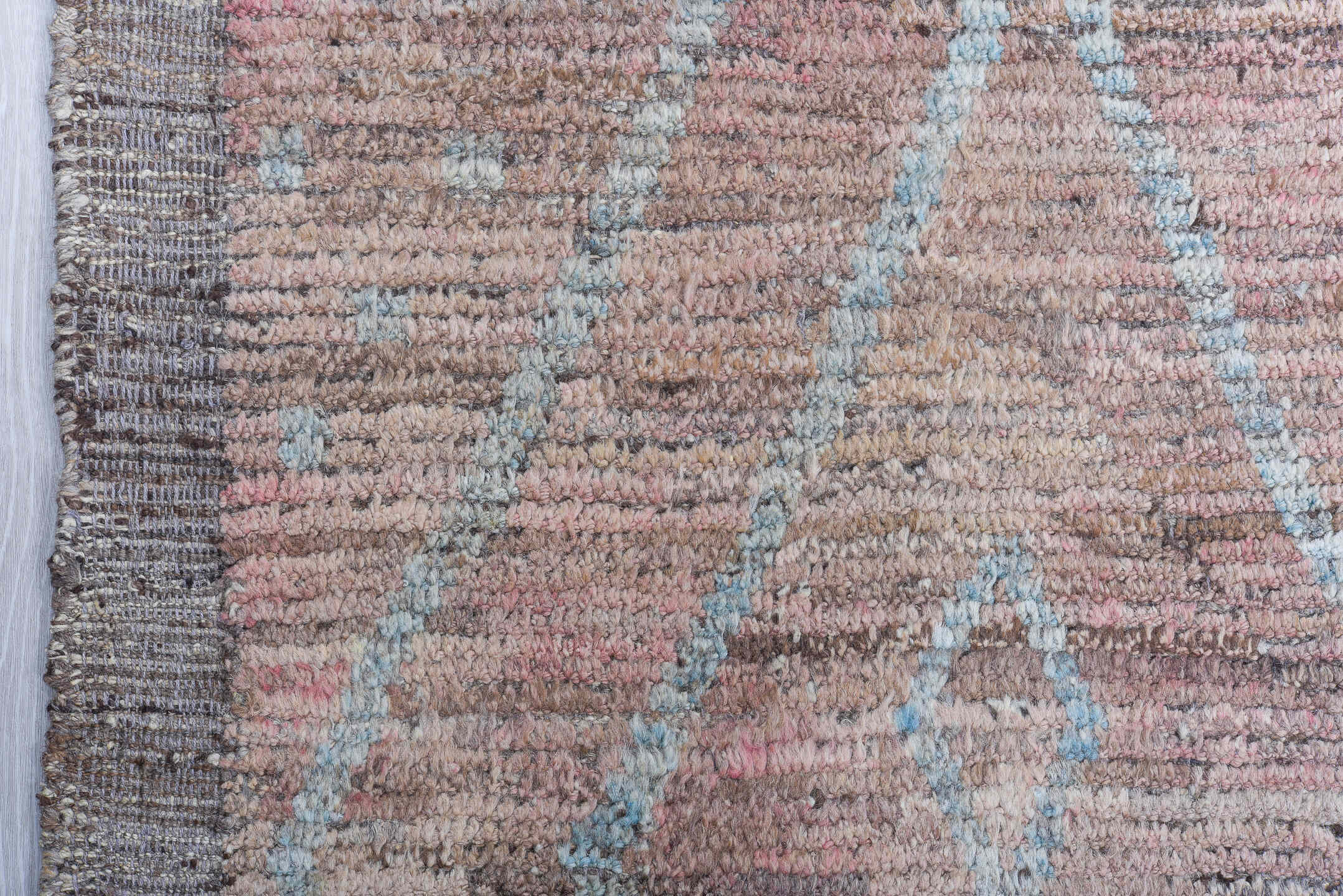 9' x 11' one-of-a-kind handmade vintage Tulu large size rug. Color palette: taupe, rose, dusty pink, pale blue, gray, beige