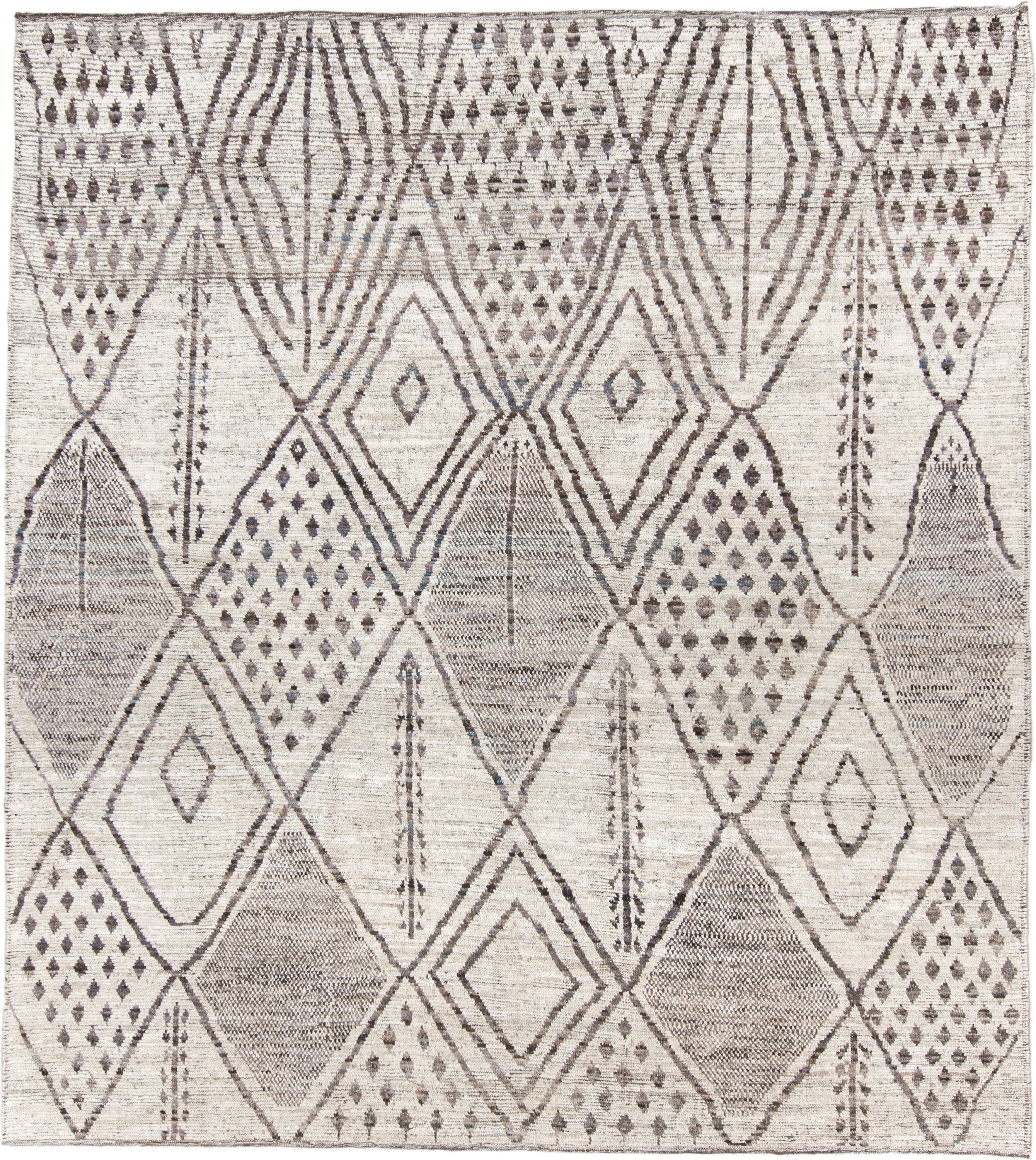 8' x 9' one-of-a-kind handmade vintage Tulu large size rug. Color palette: ivory, taupe, charcoal, gray, cream, beige, black
