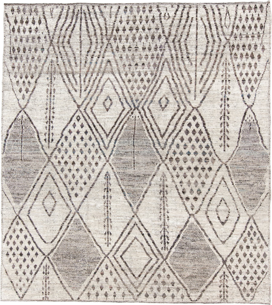 8' x 9' one-of-a-kind handmade vintage Tulu large size rug. Color palette: ivory, taupe, charcoal, gray, cream, beige, black