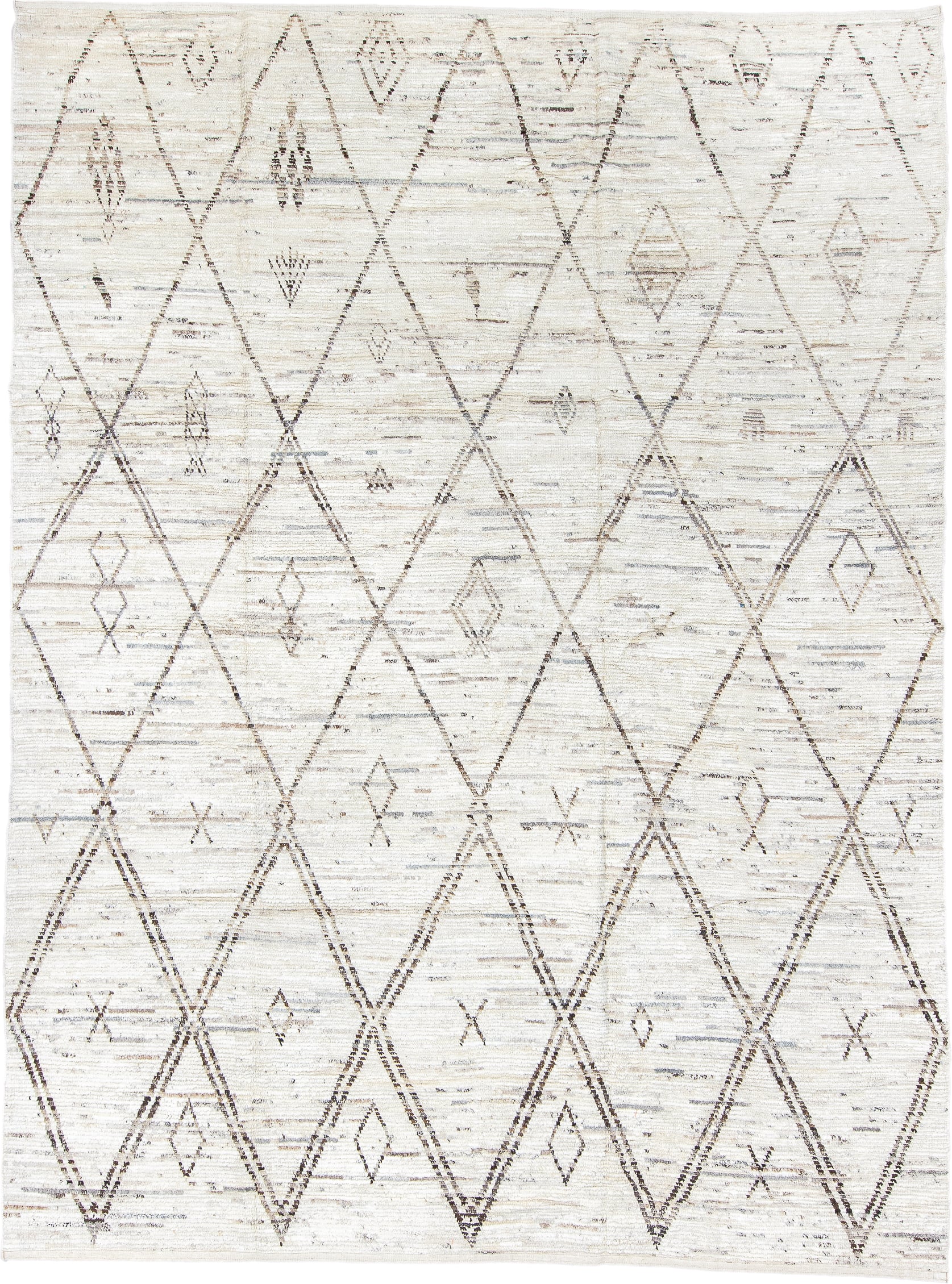 8' x 11' one-of-a-kind handmade vintage Tulu large size rug. Color palette: ivory, taupe, brown, gray, beige