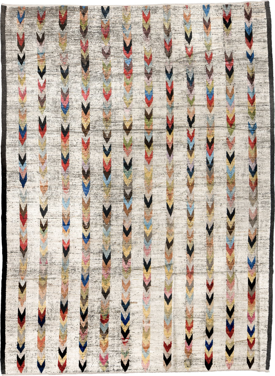 10' x 13' one-of-a-kind handmade vintage Tulu large size rug. Color palette: ivory, charcoal, coral, cobalt, peach, gold