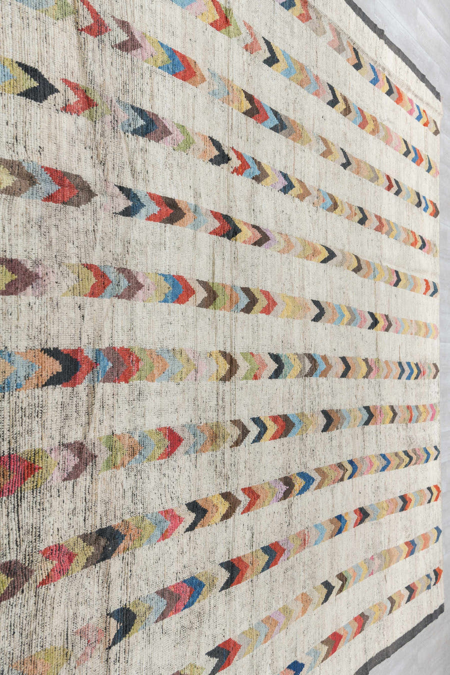 10' x 13' one-of-a-kind handmade vintage Tulu large size rug. Color palette: ivory, charcoal, coral, cobalt, peach, gold