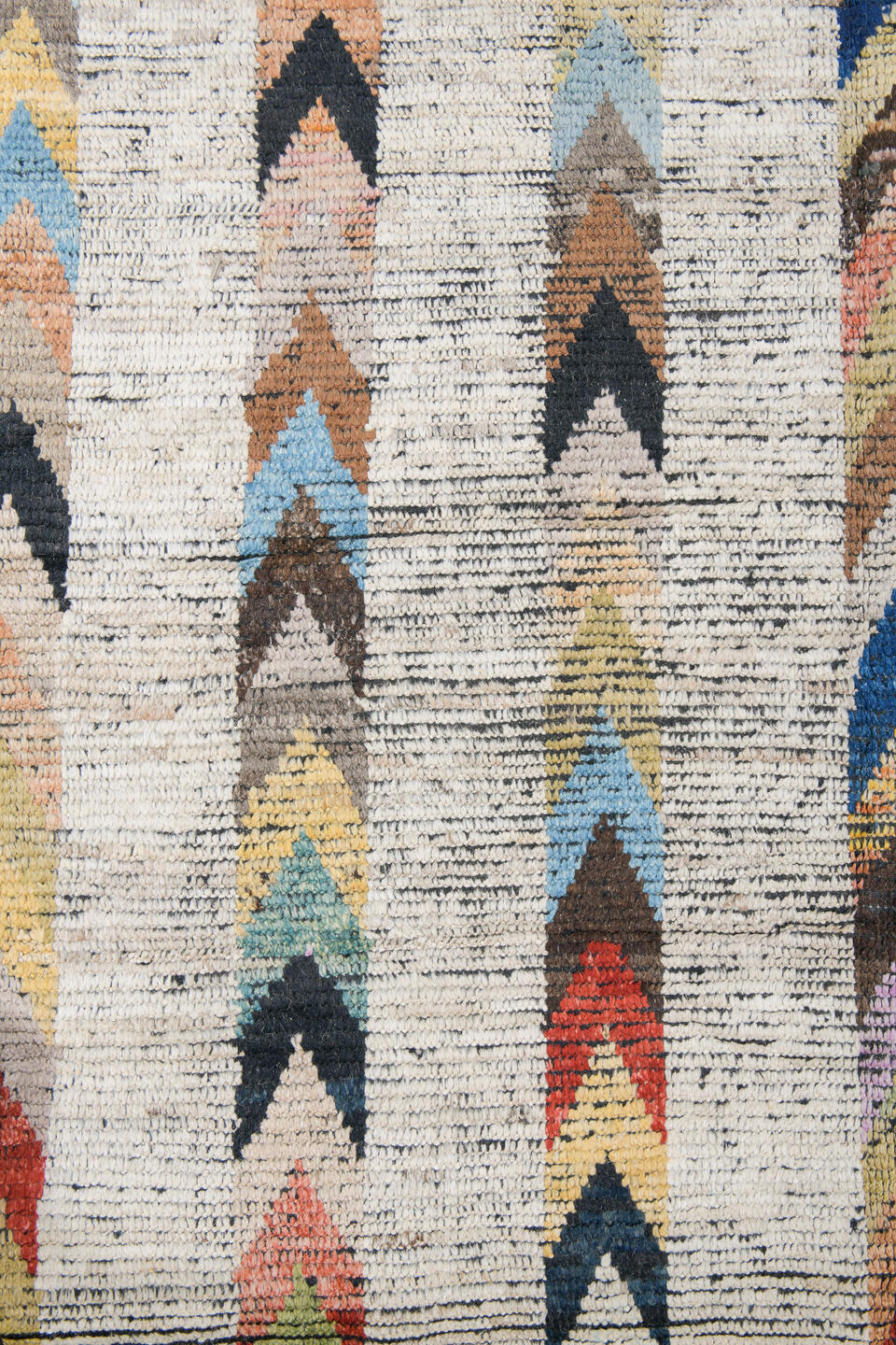 10' x 13' one-of-a-kind handmade vintage Tulu large size rug. Color palette: ivory, charcoal, coral, cobalt, peach, gold