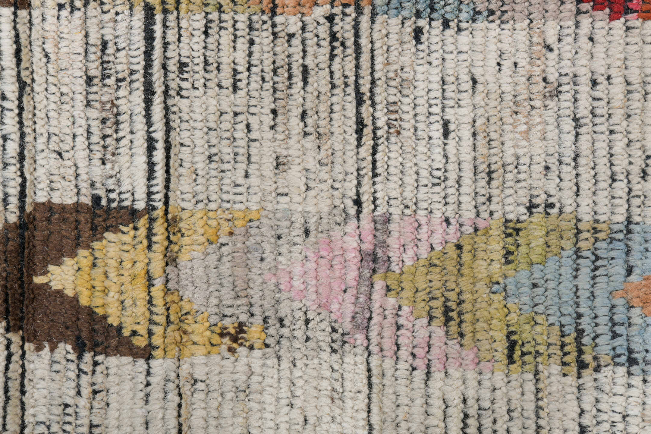 10' x 13' one-of-a-kind handmade vintage Tulu large size rug. Color palette: ivory, charcoal, coral, cobalt, peach, gold