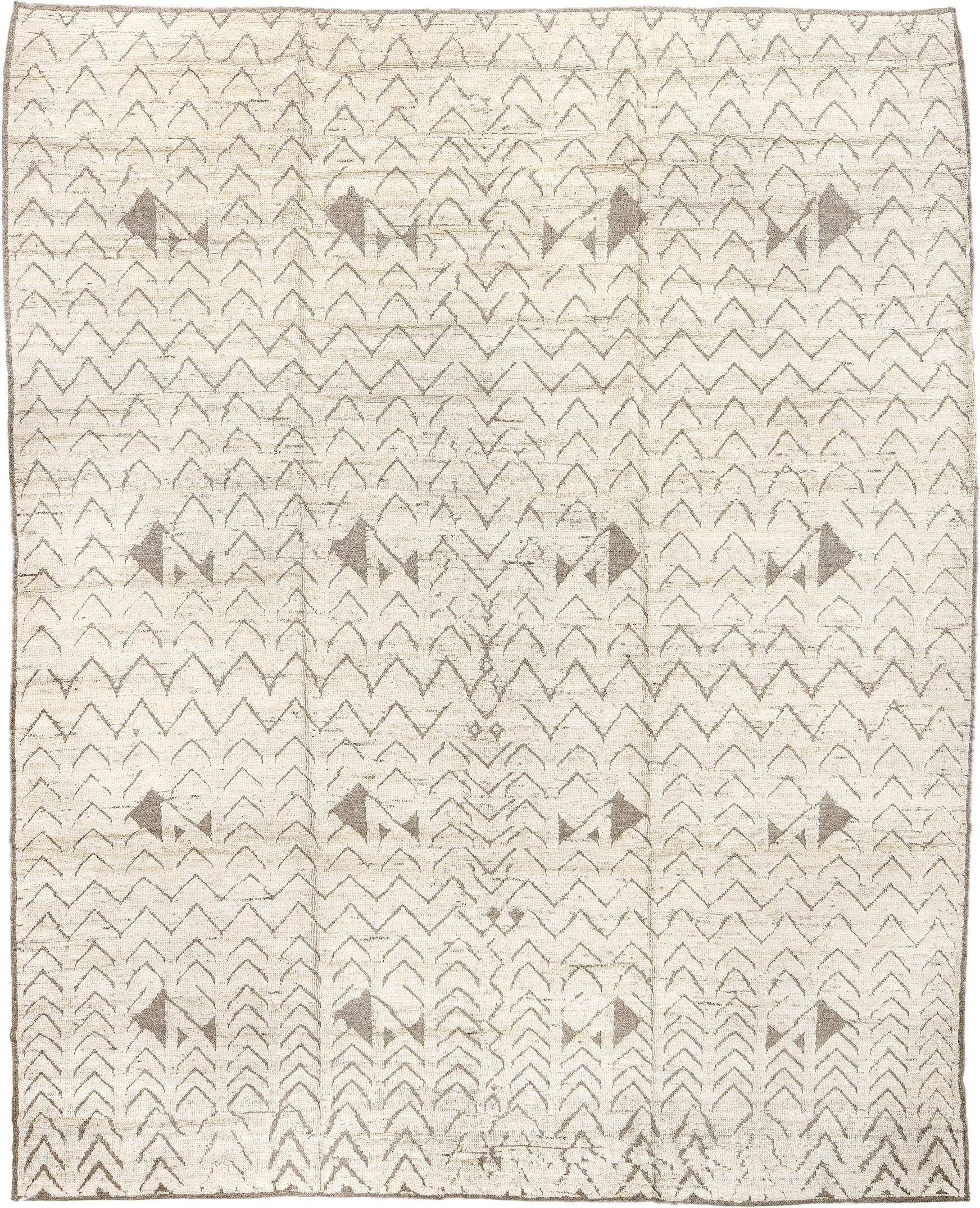 9' x 11' one-of-a-kind handmade vintage Tulu large size rug. Color palette: ivory, taupe, beige, gray