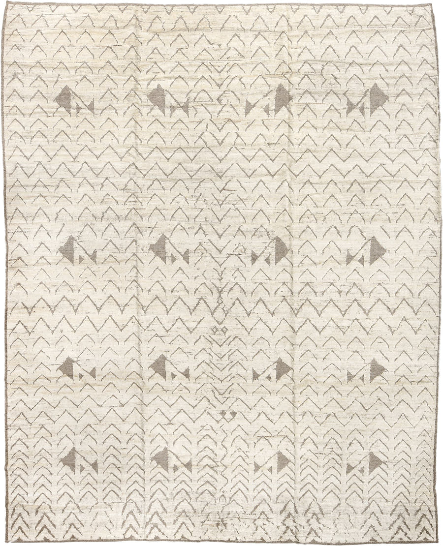 9' x 11' one-of-a-kind handmade vintage Tulu large size rug. Color palette: ivory, taupe, beige, gray