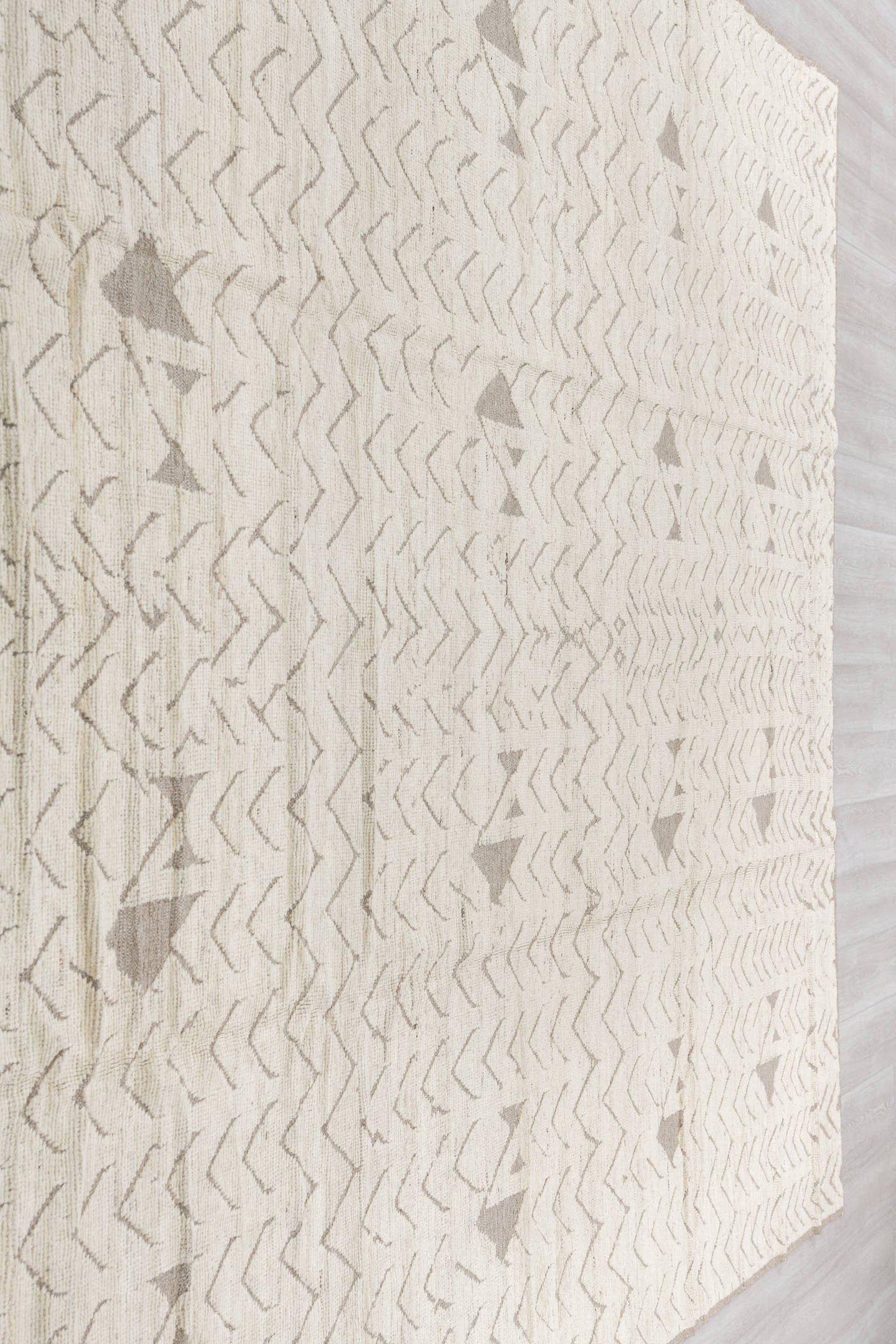 9' x 11' one-of-a-kind handmade vintage Tulu large size rug. Color palette: ivory, taupe, beige, gray