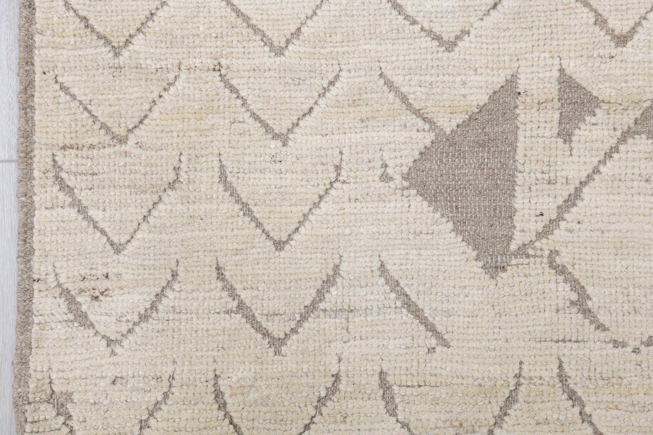 9' x 11' one-of-a-kind handmade vintage Tulu large size rug. Color palette: ivory, taupe, beige, gray