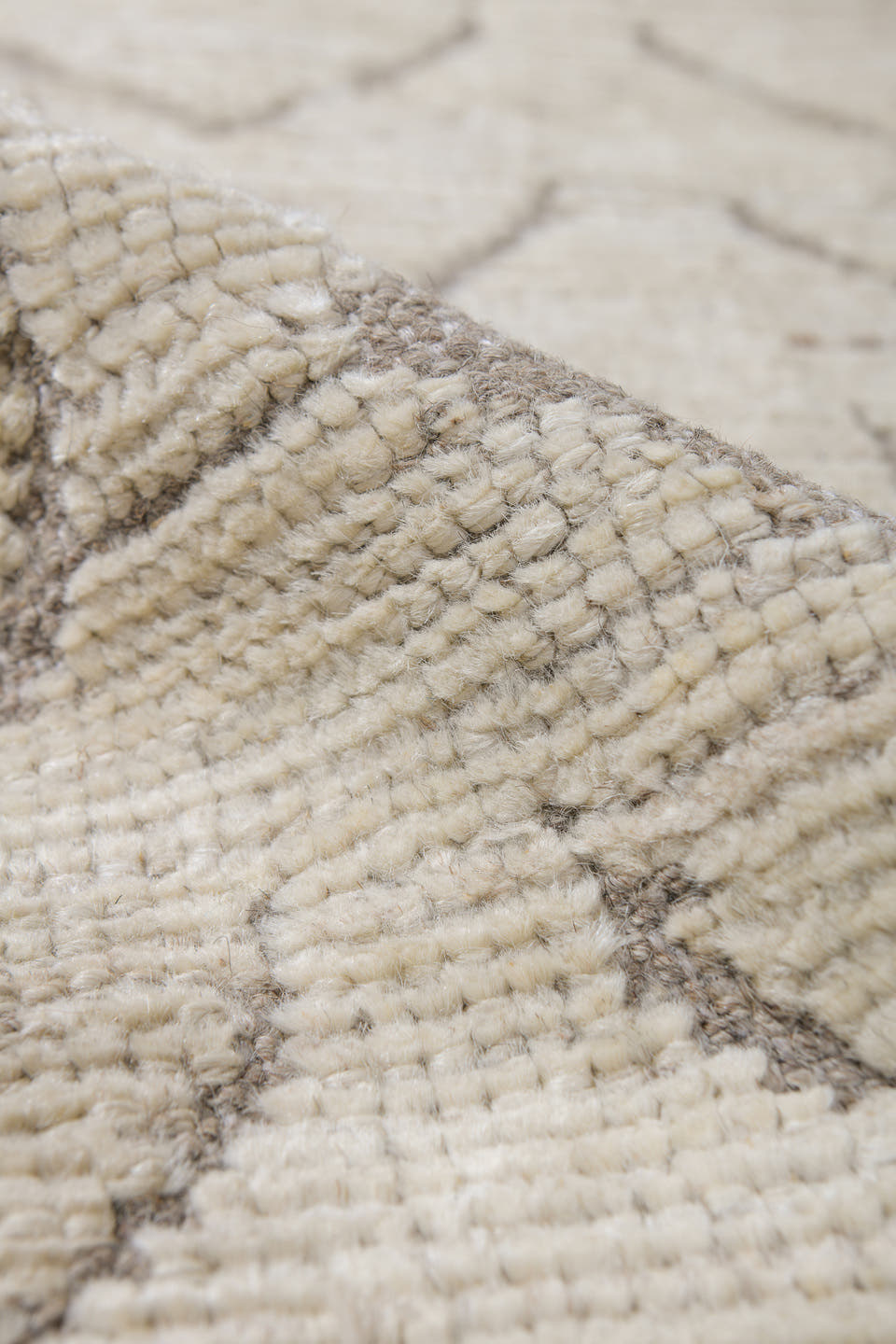 9' x 11' one-of-a-kind handmade vintage Tulu large size rug. Color palette: ivory, taupe, beige, gray