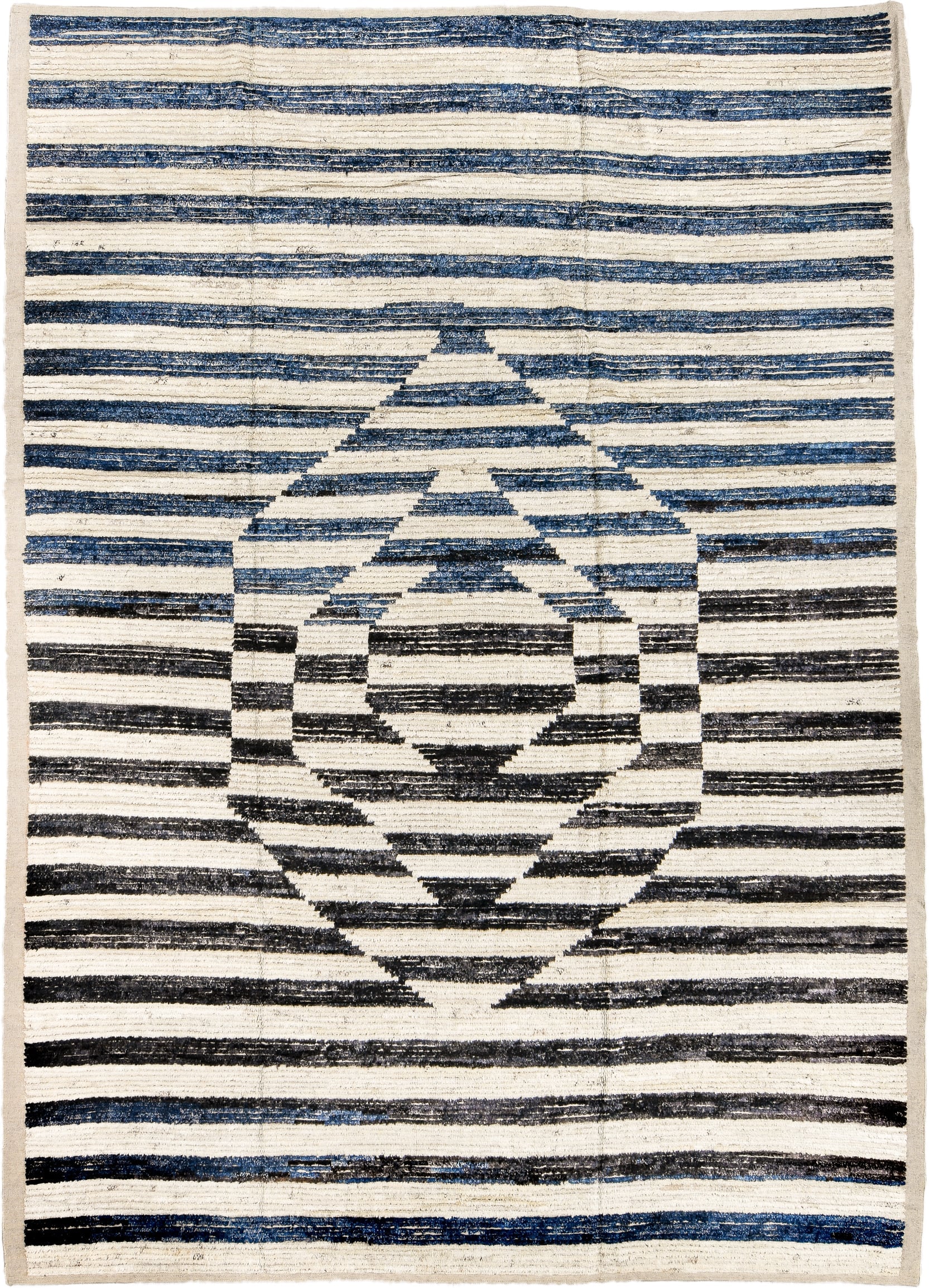 9' x 12' one-of-a-kind handmade vintage Tulu large size rug. Color palette: ivory, indigo, charcoal, black, purple, gray