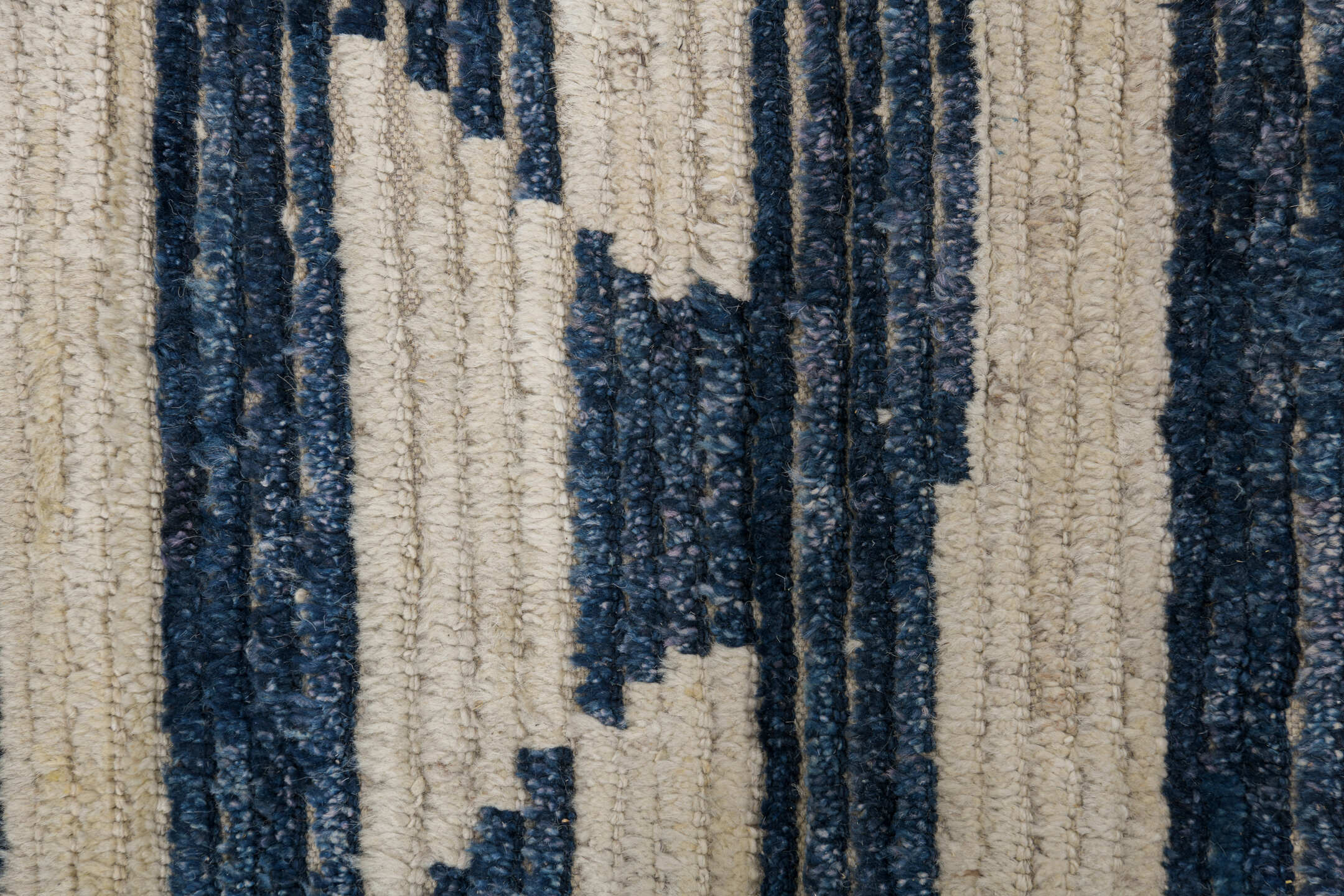 9' x 12' one-of-a-kind handmade vintage Tulu large size rug. Color palette: ivory, indigo, charcoal, black, purple, gray
