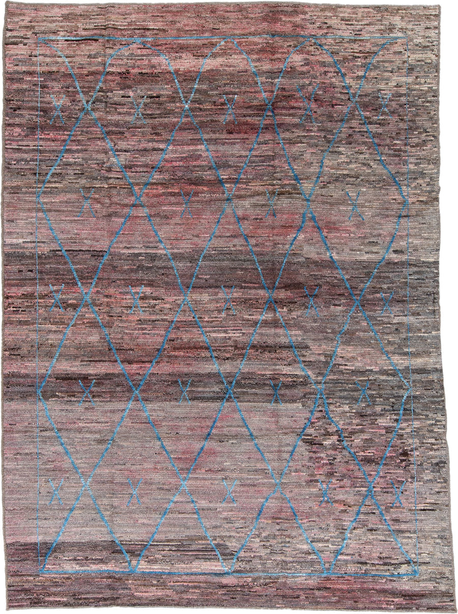 8' x 11' one-of-a-kind handmade vintage Tulu large size rug. Color palette: mauve, taupe, charcoal, blue gray, rose, brown