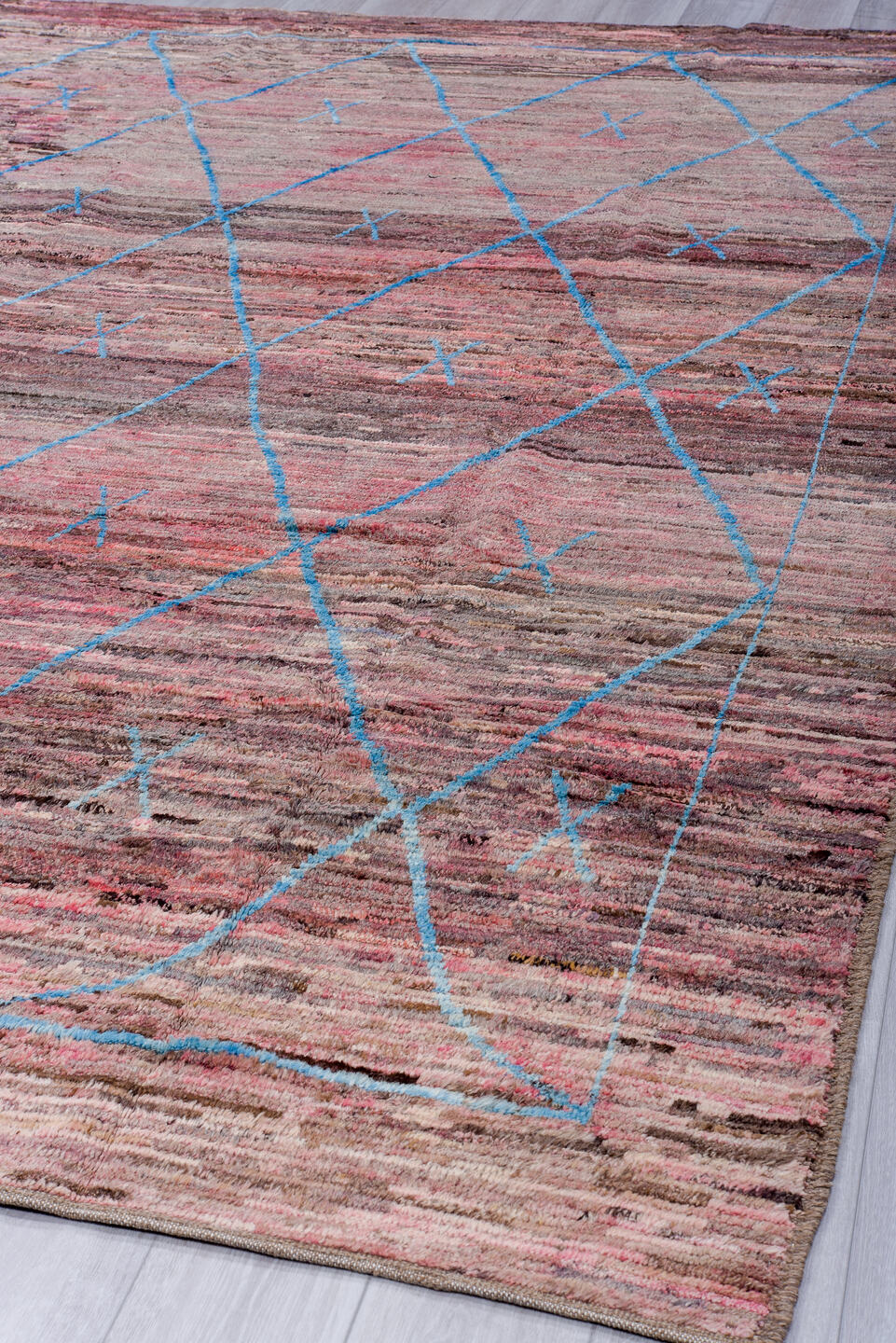 8' x 11' one-of-a-kind handmade vintage Tulu large size rug. Color palette: mauve, taupe, charcoal, blue gray, rose, brown