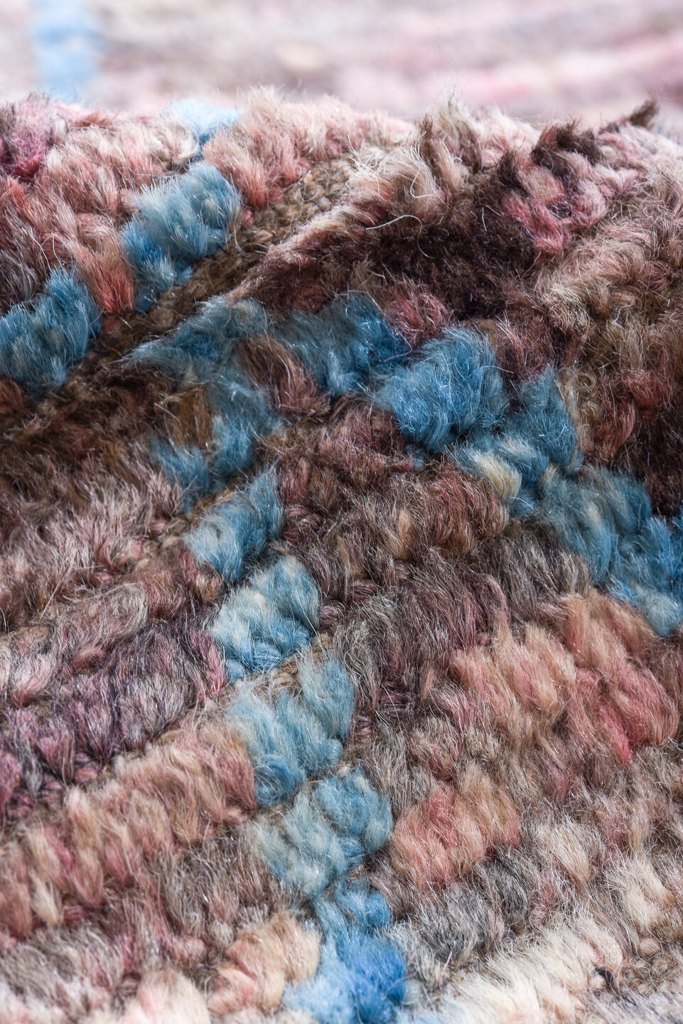 8' x 11' one-of-a-kind handmade vintage Tulu large size rug. Color palette: mauve, taupe, charcoal, blue gray, rose, brown
