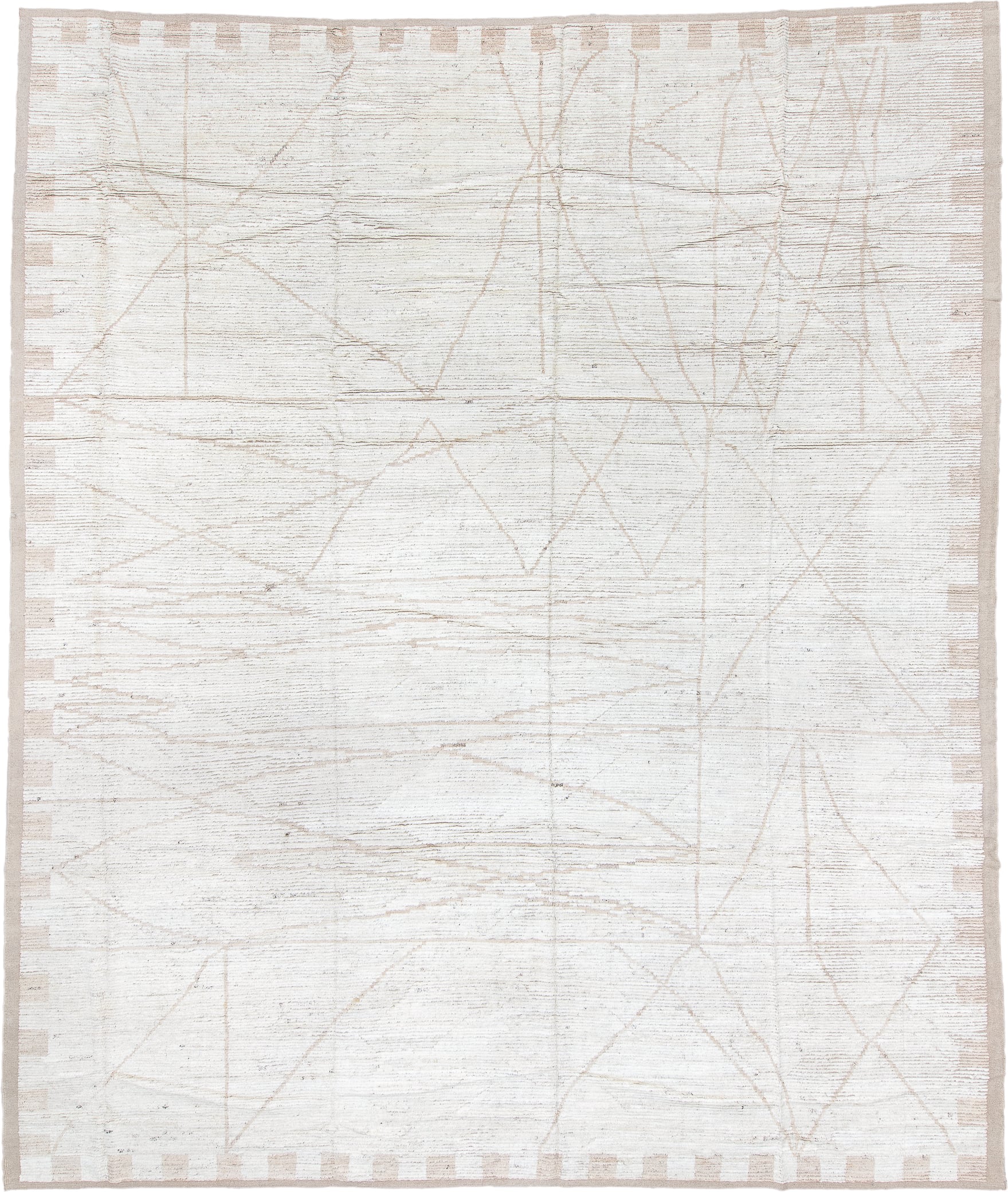 13' x 16' one-of-a-kind handmade vintage Tulu oversize rug. Color palette: ivory, cream, taupe, beige, gray