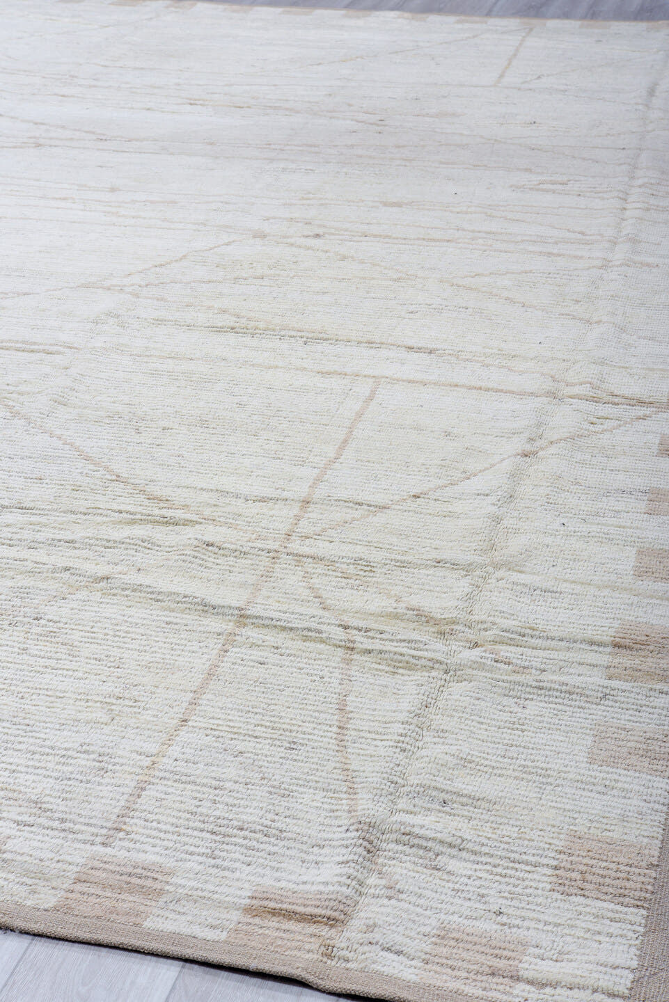 13' x 16' one-of-a-kind handmade vintage Tulu oversize rug. Color palette: ivory, cream, taupe, beige, gray