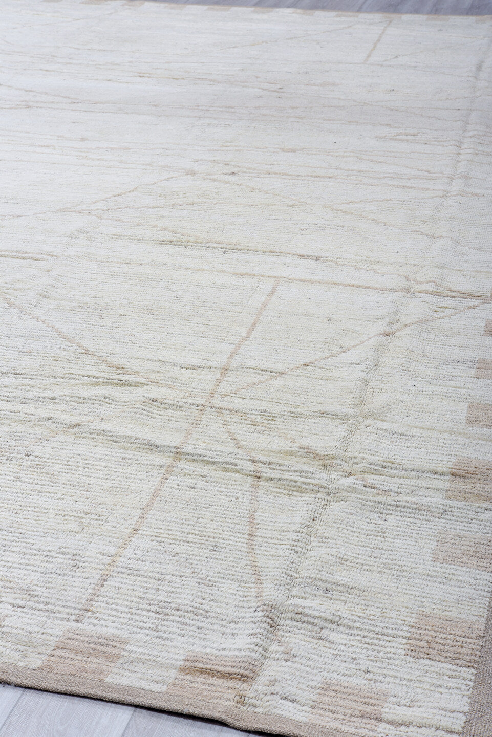 13' x 16' one-of-a-kind handmade vintage Tulu oversize rug. Color palette: ivory, cream, taupe, beige, gray