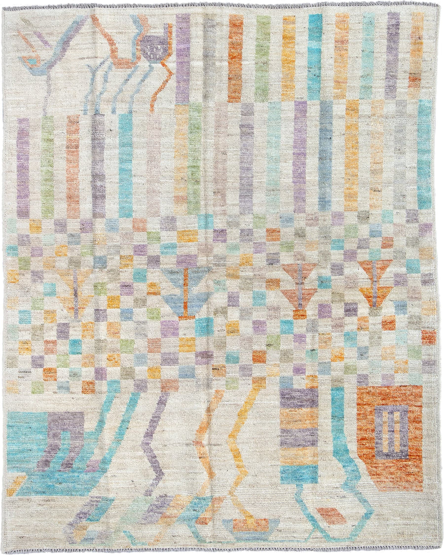 5' x 6' one-of-a-kind handmade vintage Kilim rug. Color palette: ivory, aqua, lavender, apricot, sage, pale blue, taupe