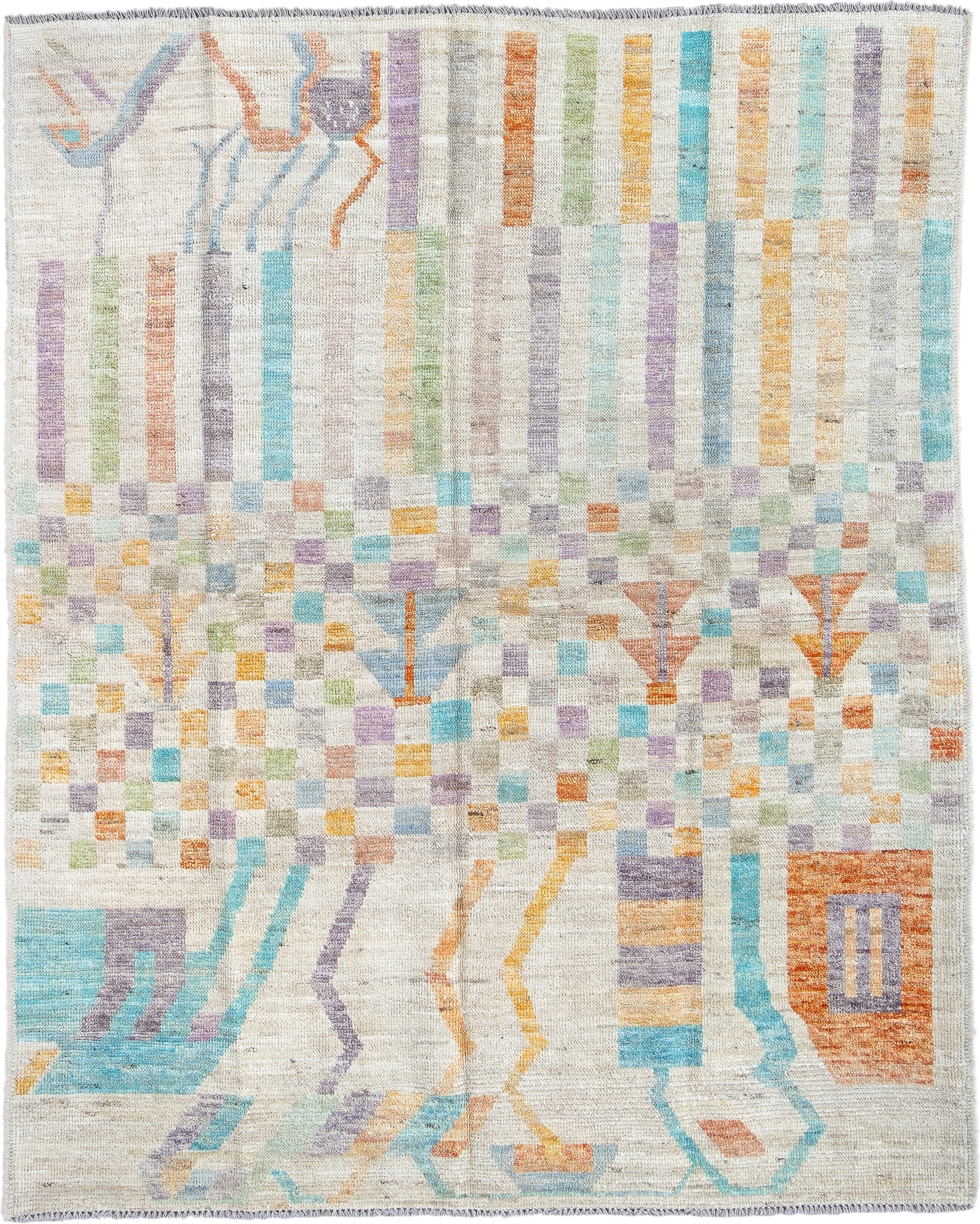 5' x 6' one-of-a-kind handmade vintage Kilim rug. Color palette: ivory, aqua, lavender, apricot, sage, pale blue, taupe