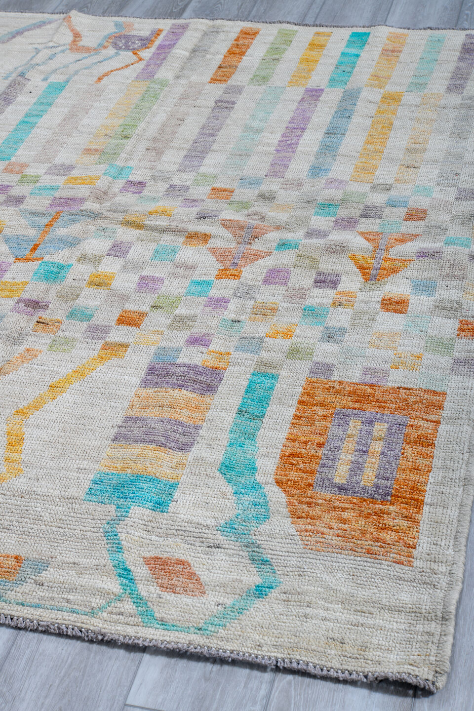 5' x 6' one-of-a-kind handmade vintage Kilim rug. Color palette: ivory, aqua, lavender, apricot, sage, pale blue, taupe